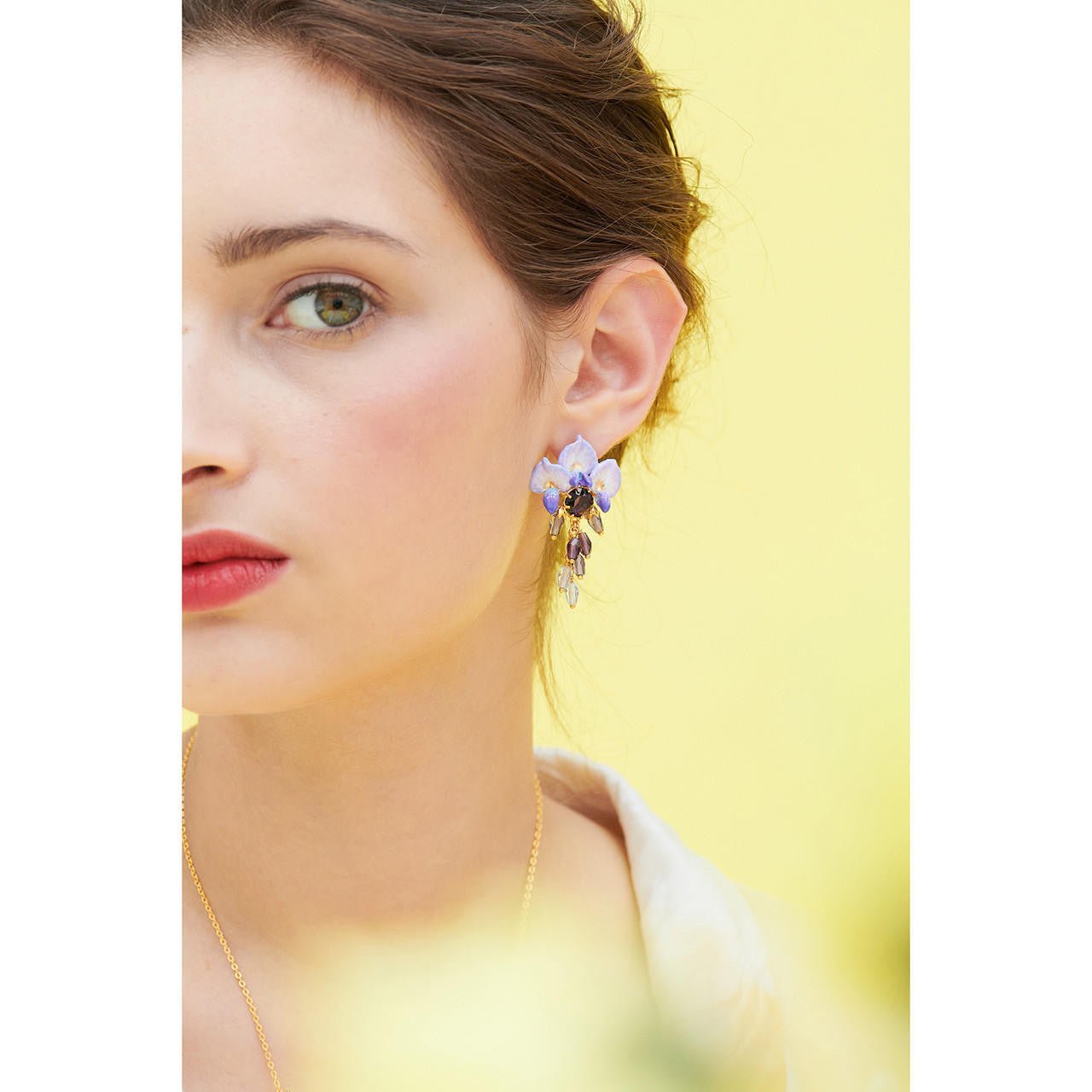 Wisteria flower pearl and faceted crystal earrings worn by model