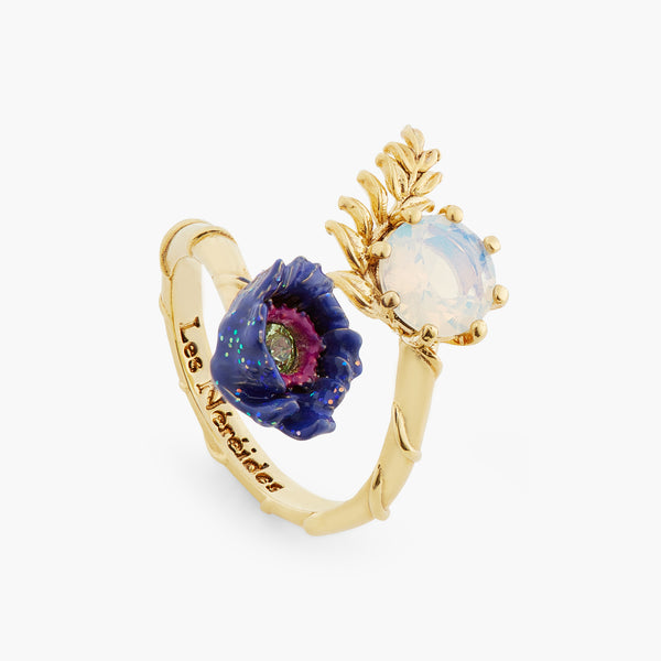 Anemone Flower And Crystal Adjustable Ring | ATFI6021
