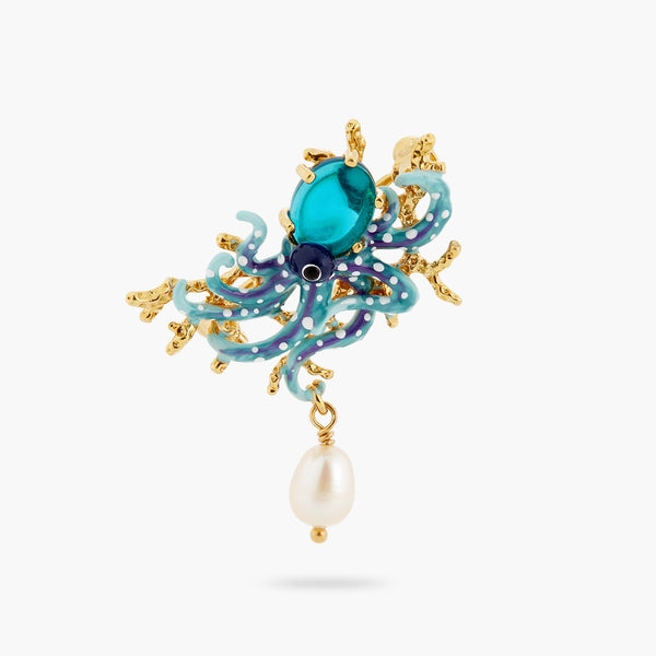 Blue Octopus, Blue Cut Crystal Stone And Mother Of Pearl Bead Brooch | ATPR5011