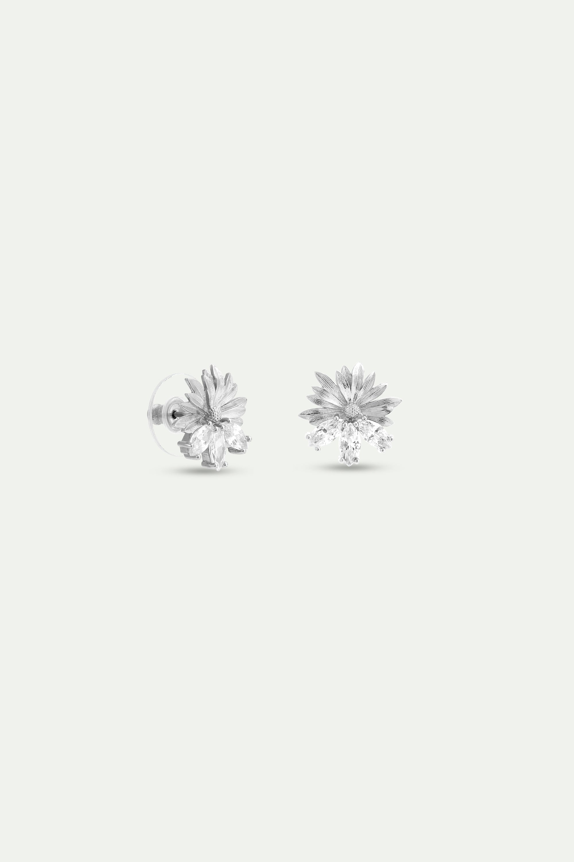 Silver Post Earrings With Daisies and White Stones | AYNF1041