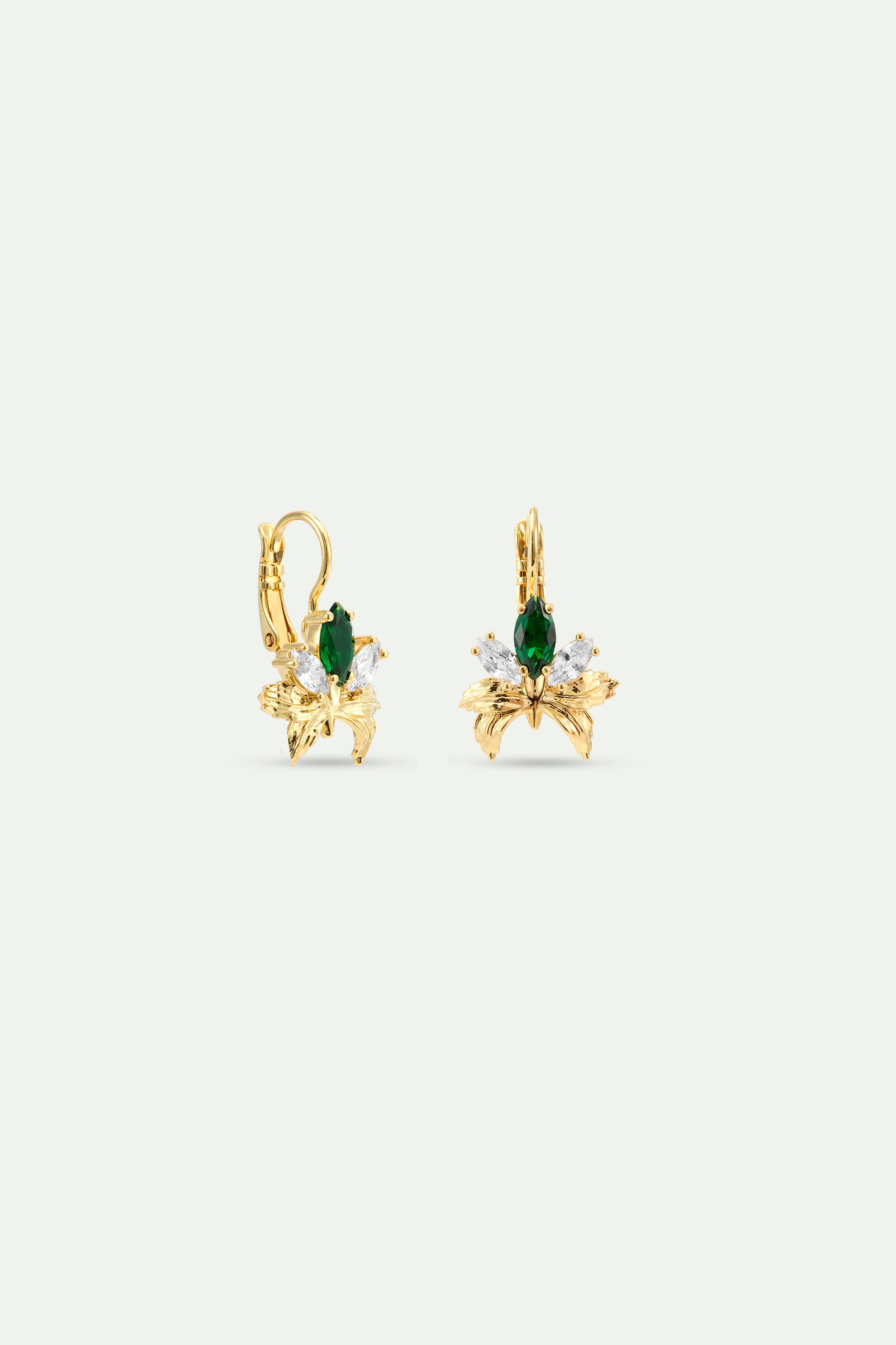 Gold Earrings With Orchids, White and Green Stones | AYNF1051