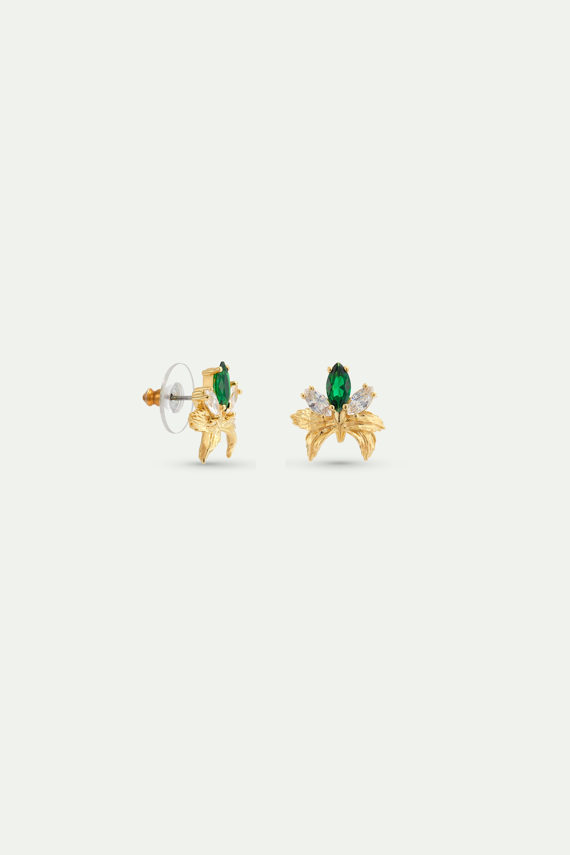 Gold Earrings With Orchids, White and Green Stones | AYNF1051