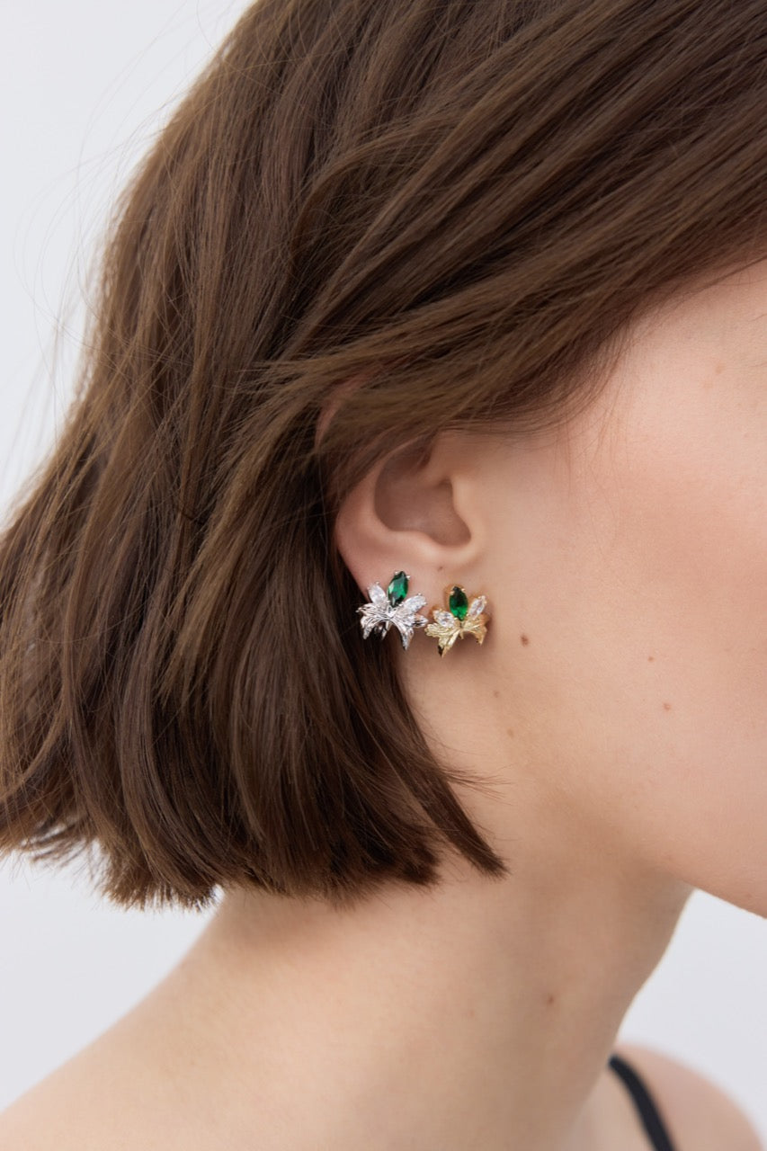Gold Earrings With Orchids, White and Green Stones | AYNF1051