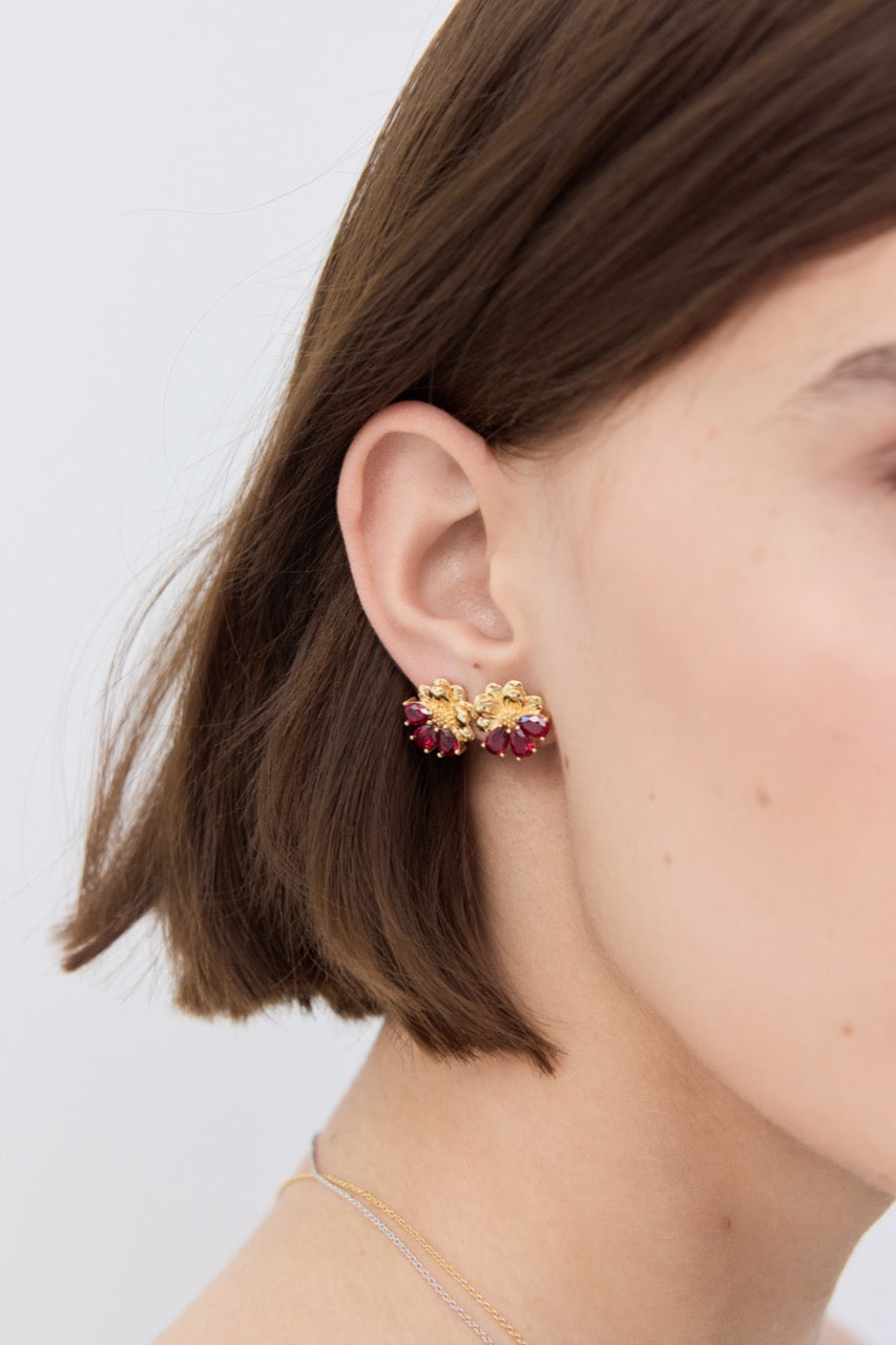 Gold Earrings With Cosmos and Red Stones | AYNF1071