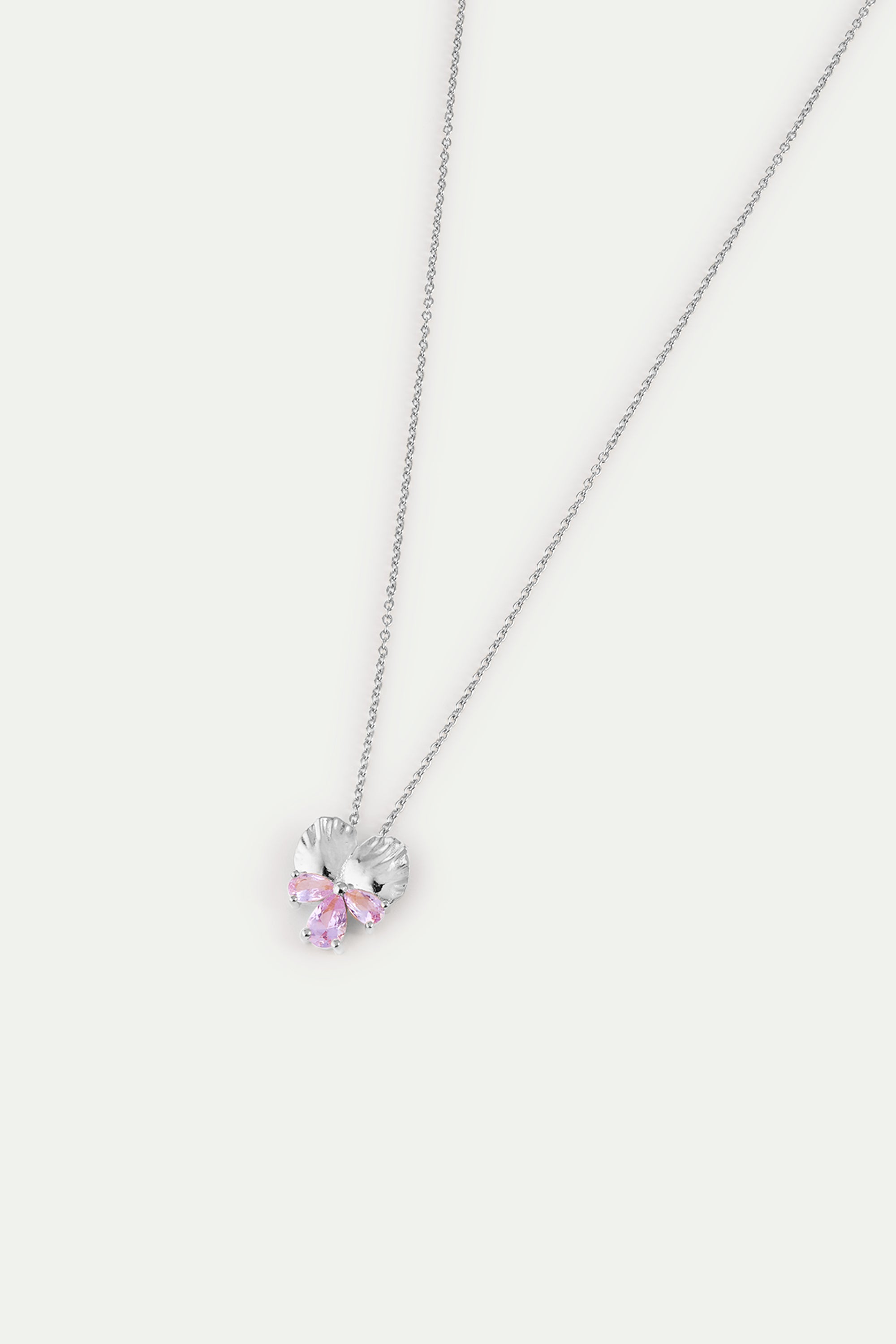 Silver Pendant Necklace With Pansy and Pink Stones | AYNF3021