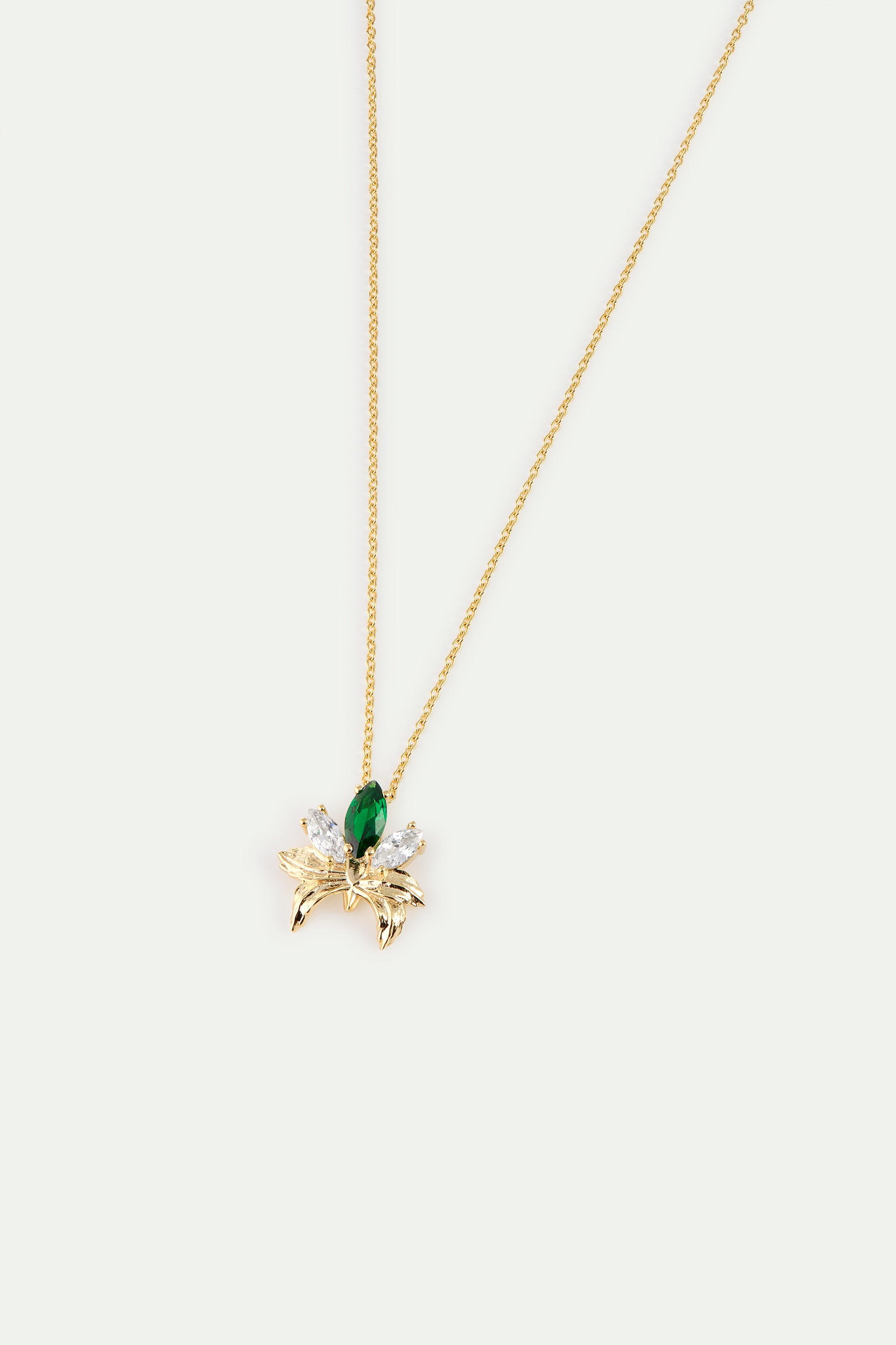Gold Pendant Necklace With Orchid, Green and White Stones | AYNF3051