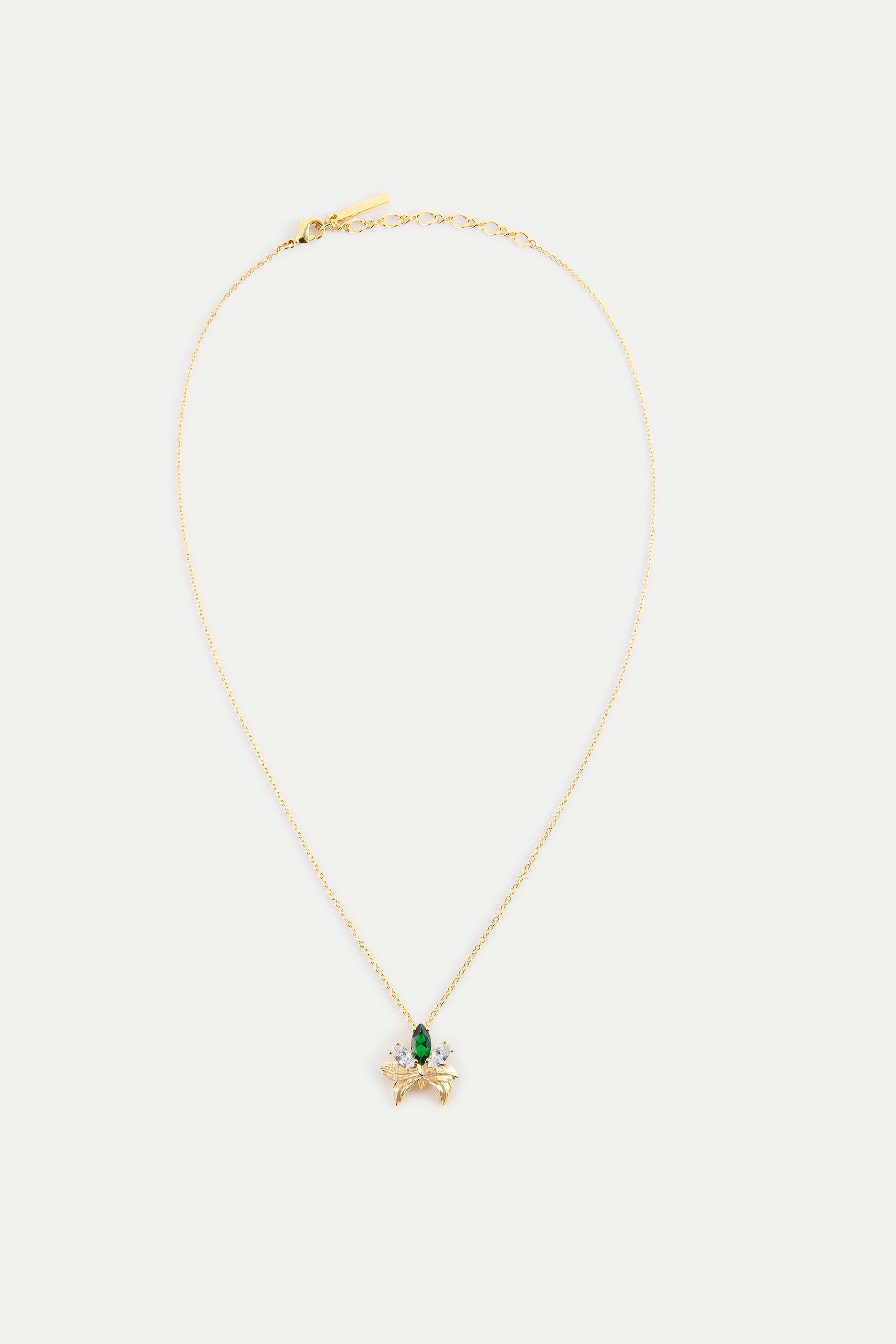 Gold Pendant Necklace With Orchid, Green and White Stones | AYNF3051