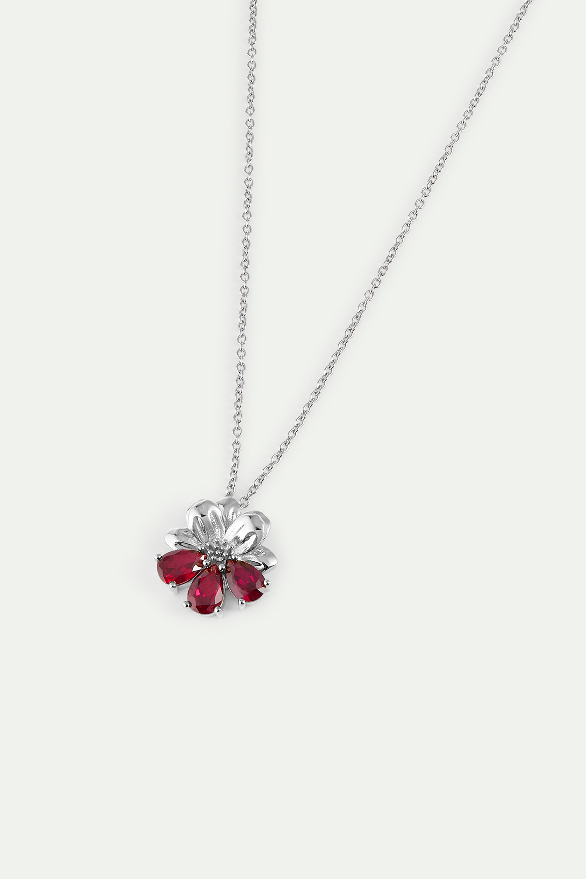 Silver Pendant Necklace With Cosmos and Red Stones | AYNF3081