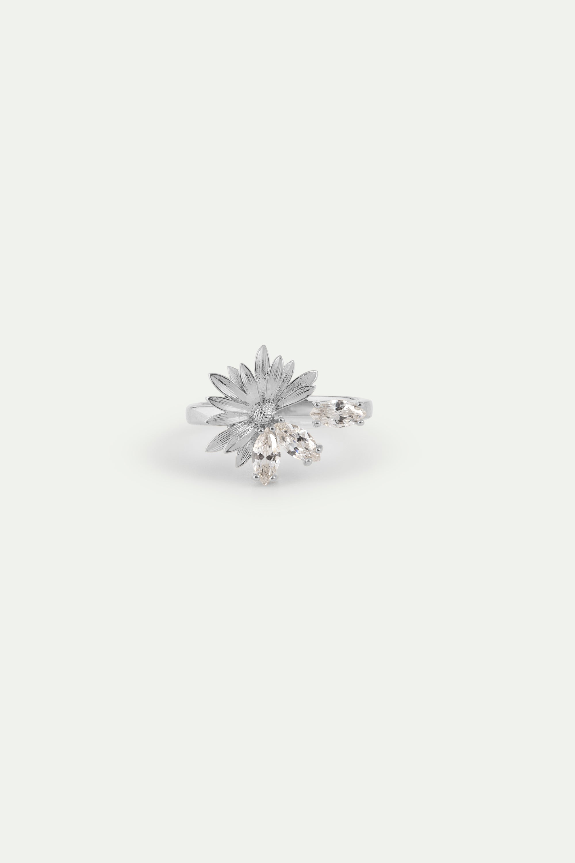 Silver Adjustable Ring With Daisy and White Stones | AYNF6041