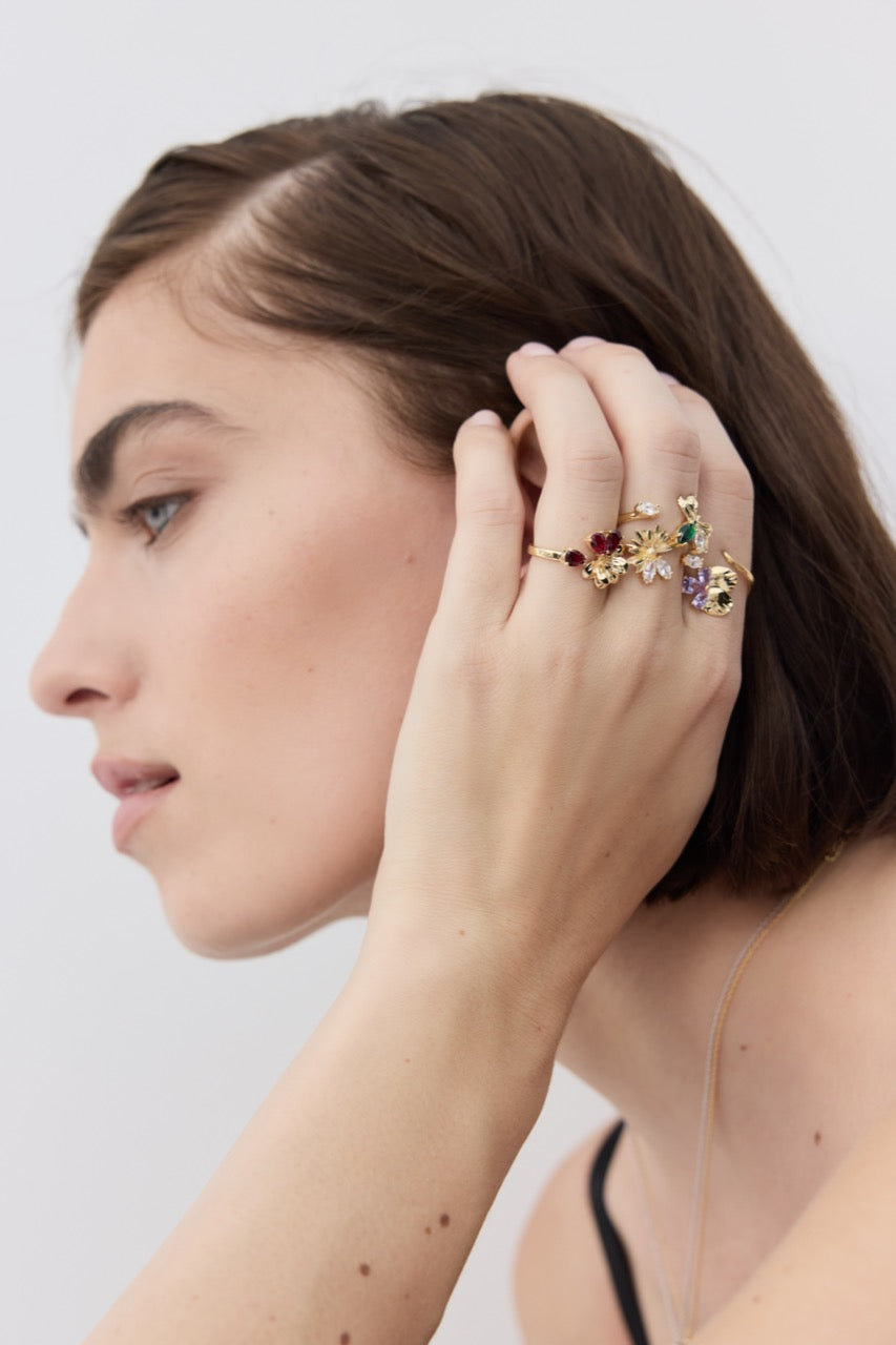 Gold Adjustable Ring With Cosmos and Red Stones | AYNF6071