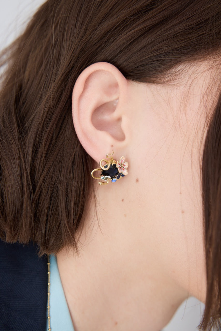 Earrings With Blue Faceted Stone, Gold Snake and Mallow Flowers | AYVA1011