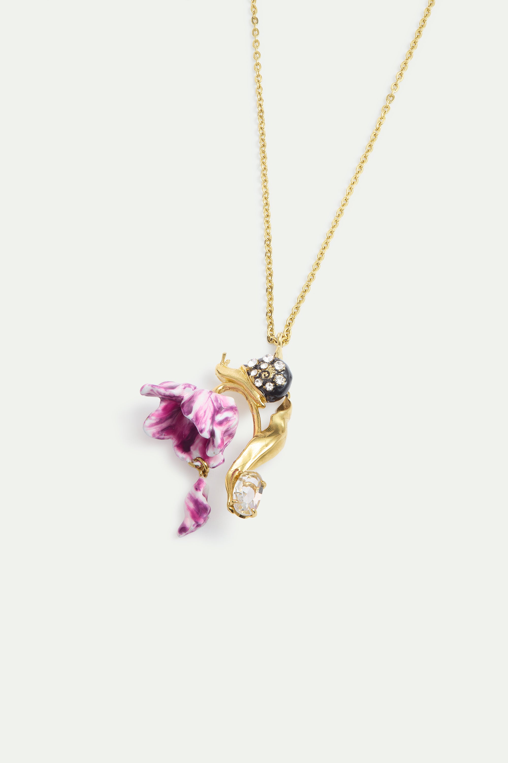 Purple Tulip, Snail and Crystal Pendant Necklace | AYVA3021