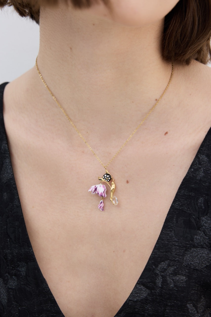 Purple Tulip, Snail and Crystal Pendant Necklace | AYVA3021