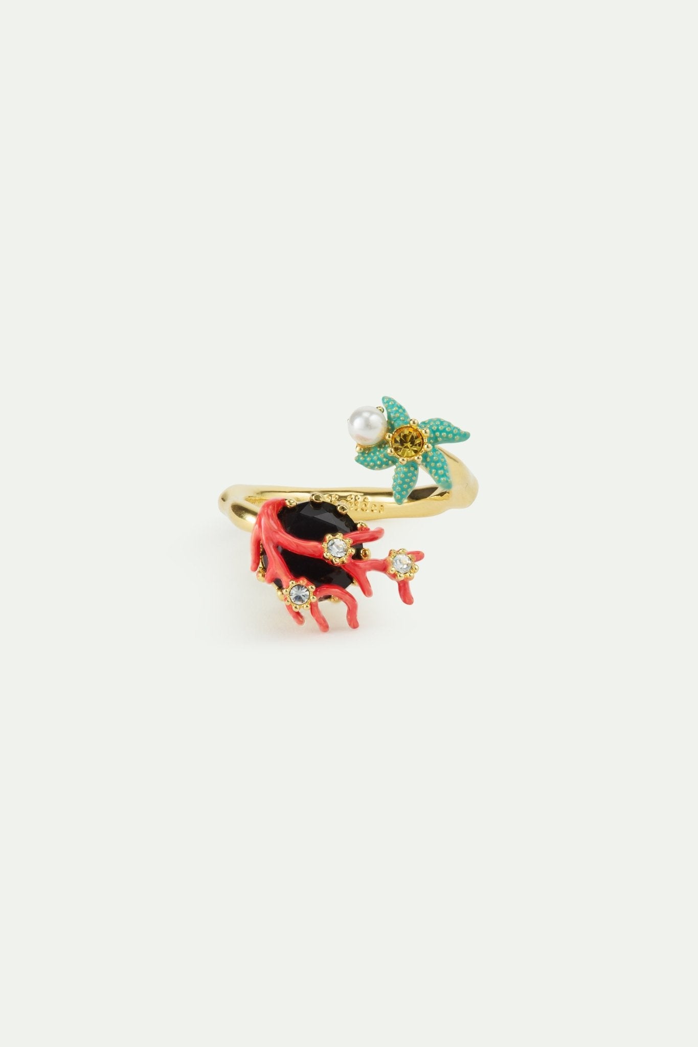 Adjustable Ring With Black Faceted Stone, Red Coral, Blue Starfish And Cultured Pearl | AWCC6021 - Les Nereides