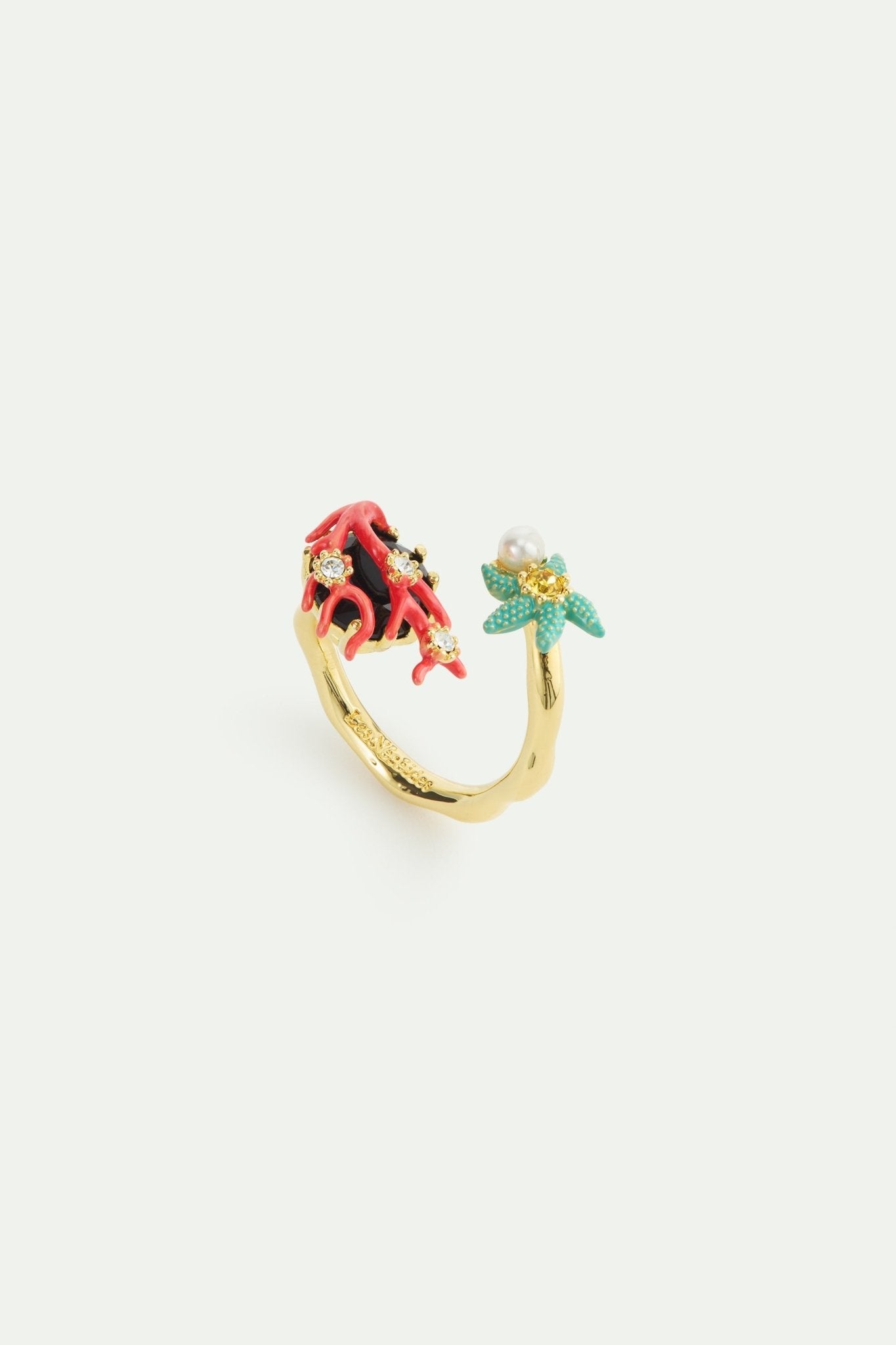 Adjustable Ring With Black Faceted Stone, Red Coral, Blue Starfish And Cultured Pearl | AWCC6021 - Les Nereides