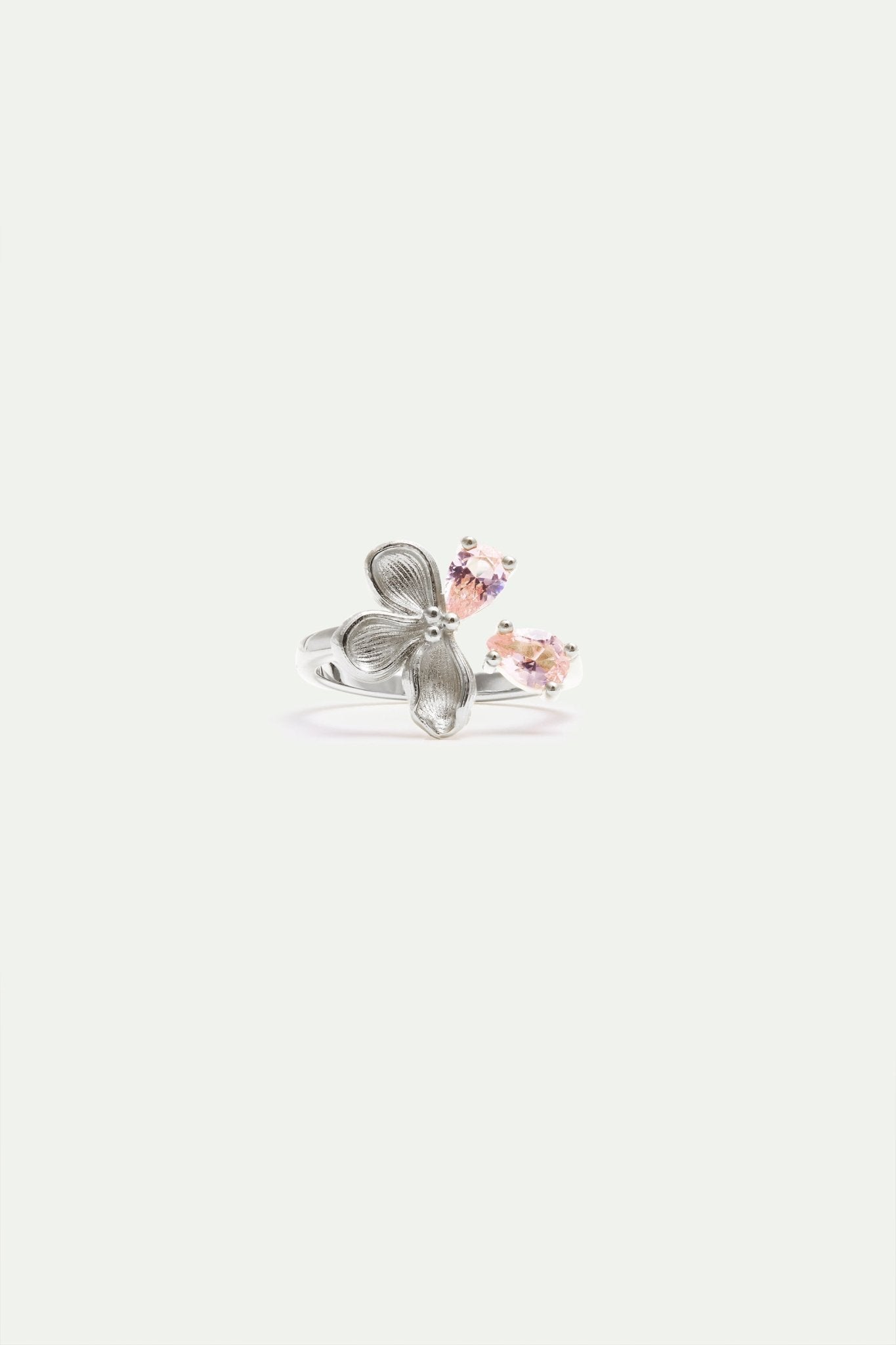 Adjustable Silver Ring With Cherry Blossom And Pink Stones | AXNF6041 - Les Nereides
