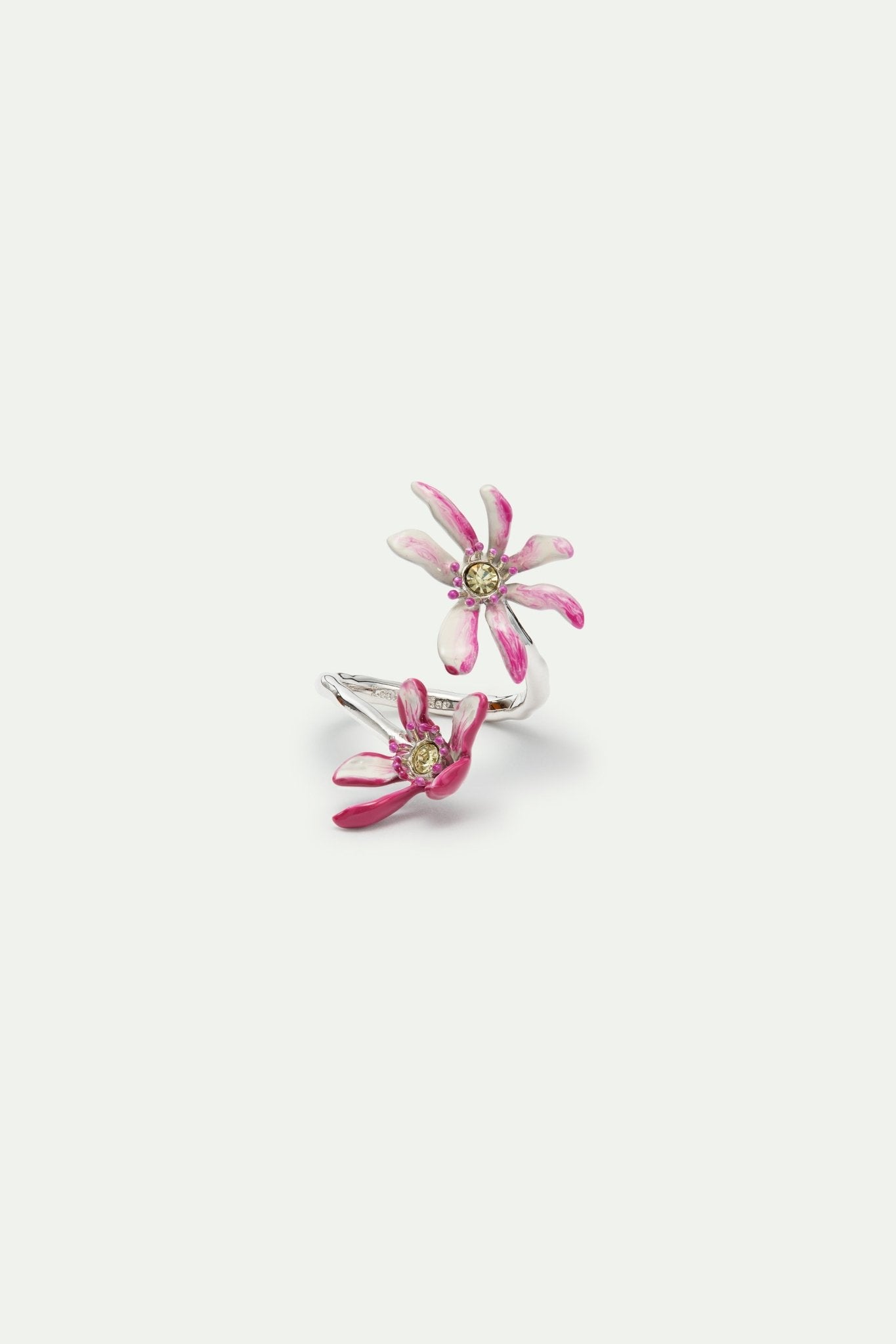 Adjustable silver ring with pink magnolia flowers and crystals | AVFA6021 - Les Nereides