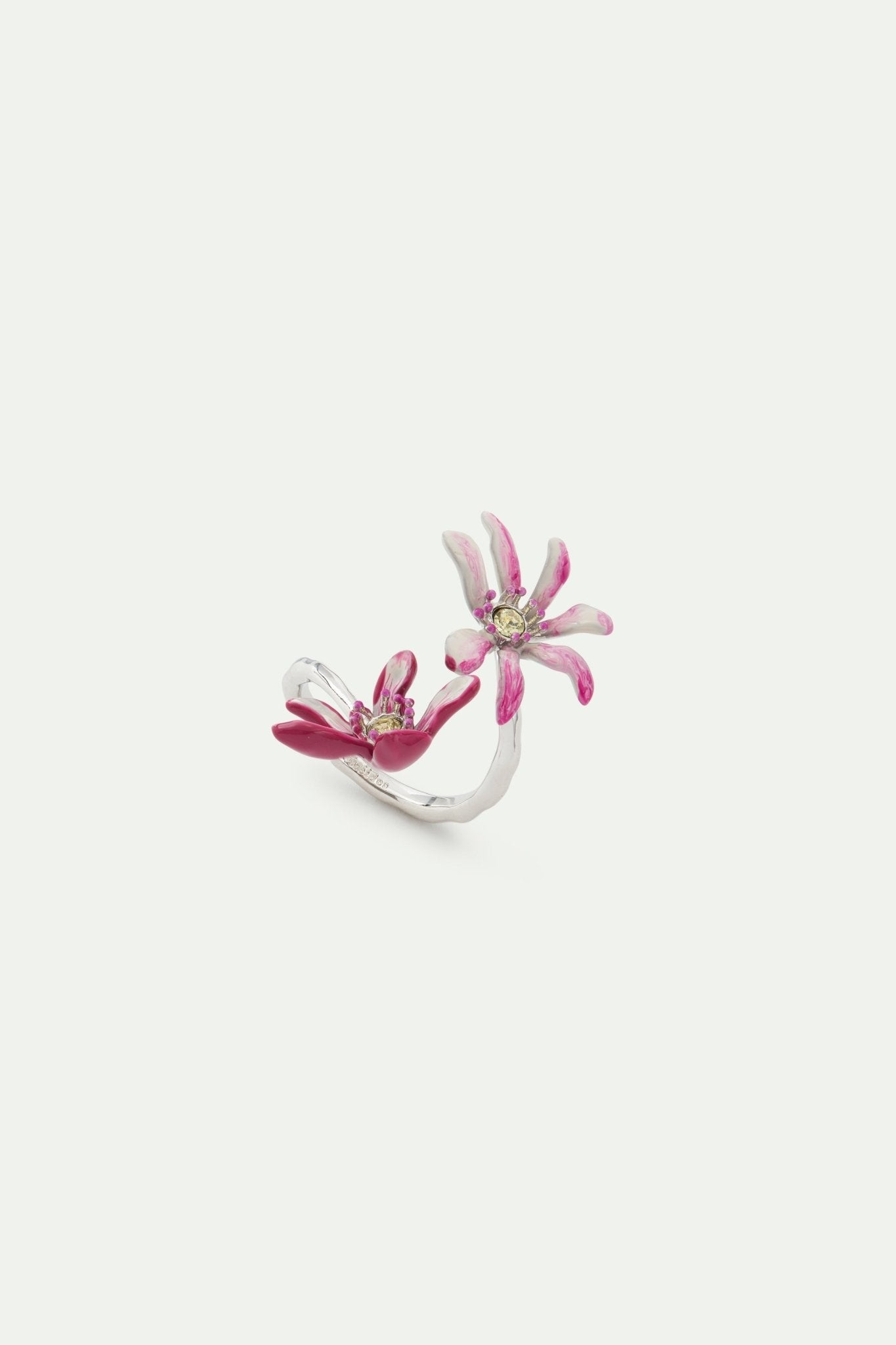 Adjustable silver ring with pink magnolia flowers and crystals | AVFA6021 - Les Nereides