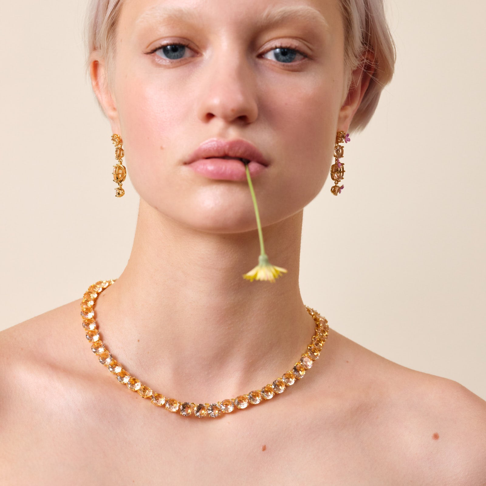 Apricot Pink Diamantine Round Stone Choker Necklace | ATLD3321 - Les Nereides
