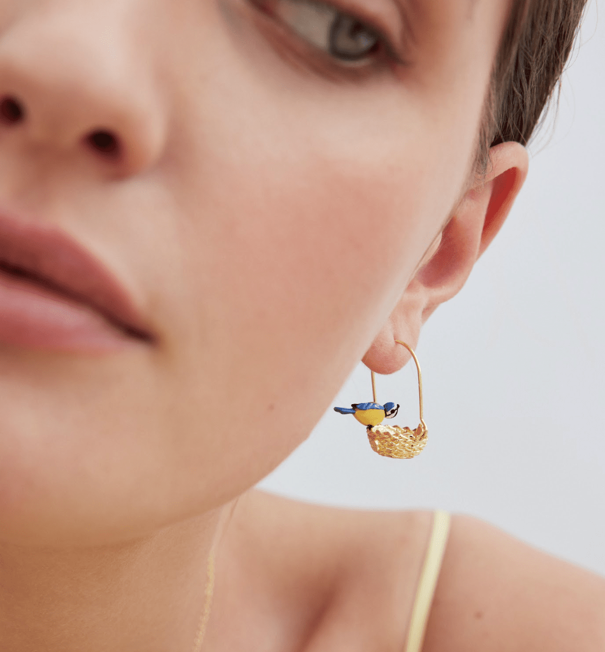 Asymmetrical Hook Earrings With Gold Nest And Blue And Yellow titmice | AXAM1091 - Les Nereides