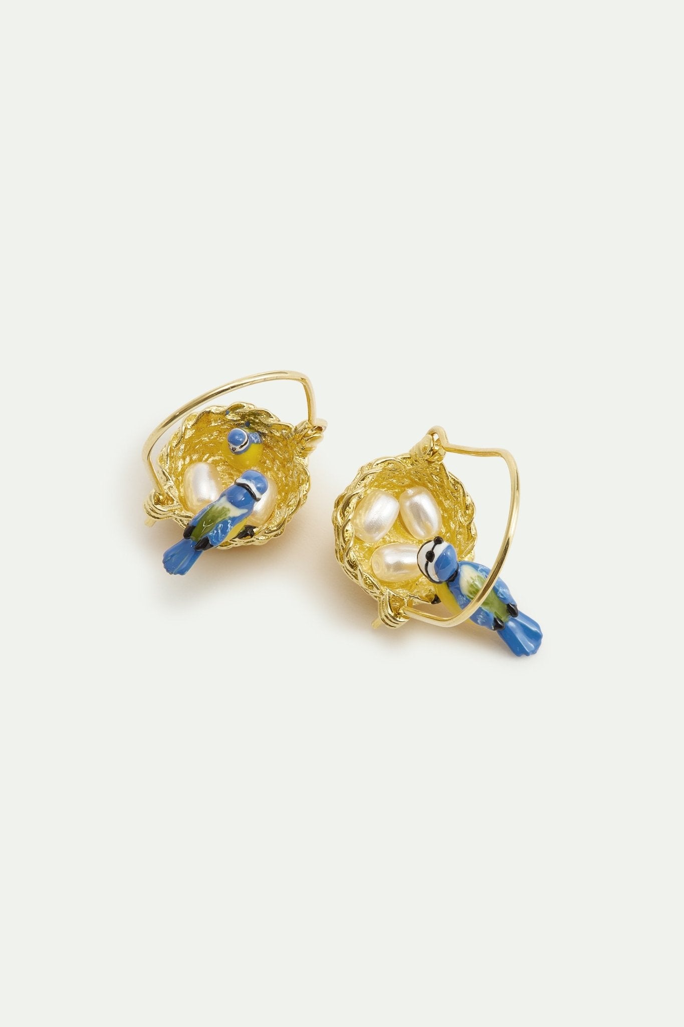 Asymmetrical Hook Earrings With Gold Nest And Blue And Yellow titmice | AXAM1091 - Les Nereides