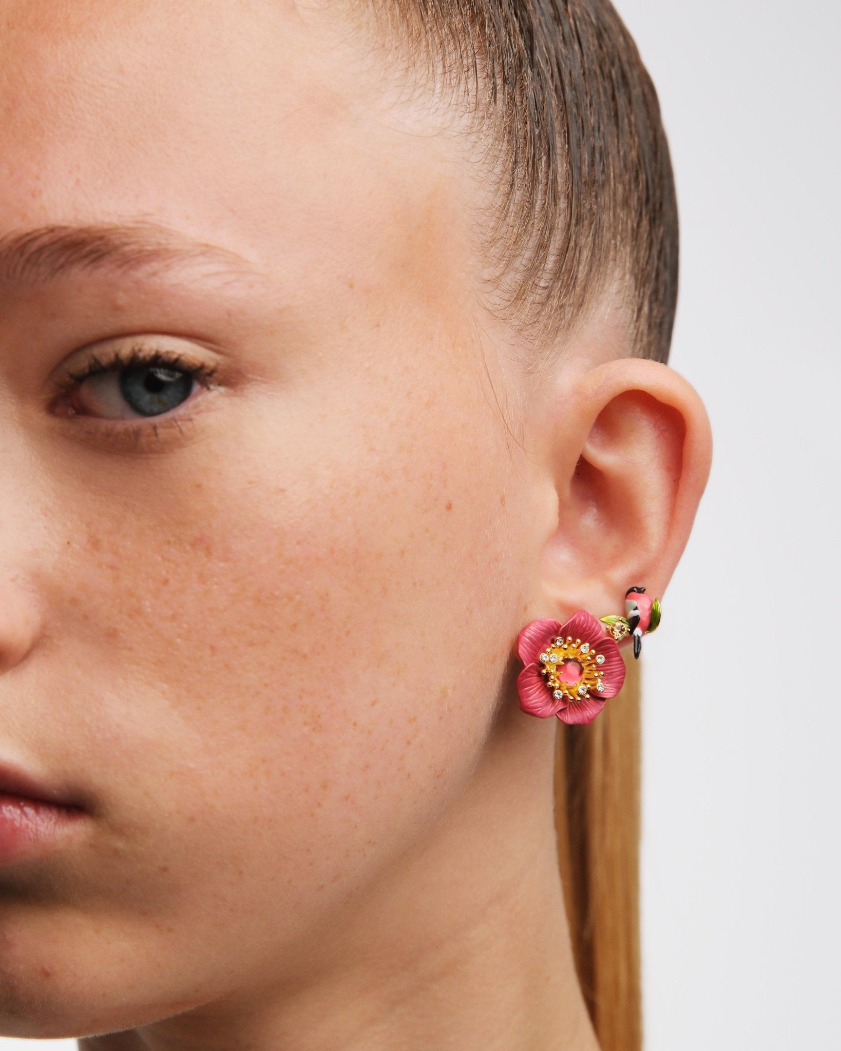 Asymmetrical Pink Hellebore & Red Bird Earrings | AUVH1031 - Les Nereides
