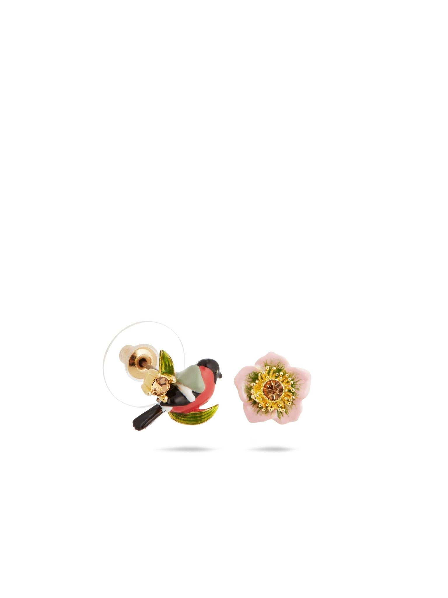 Asymmetrical Pink Hellebore & Red Bird Earrings | AUVH1031 - Les Nereides
