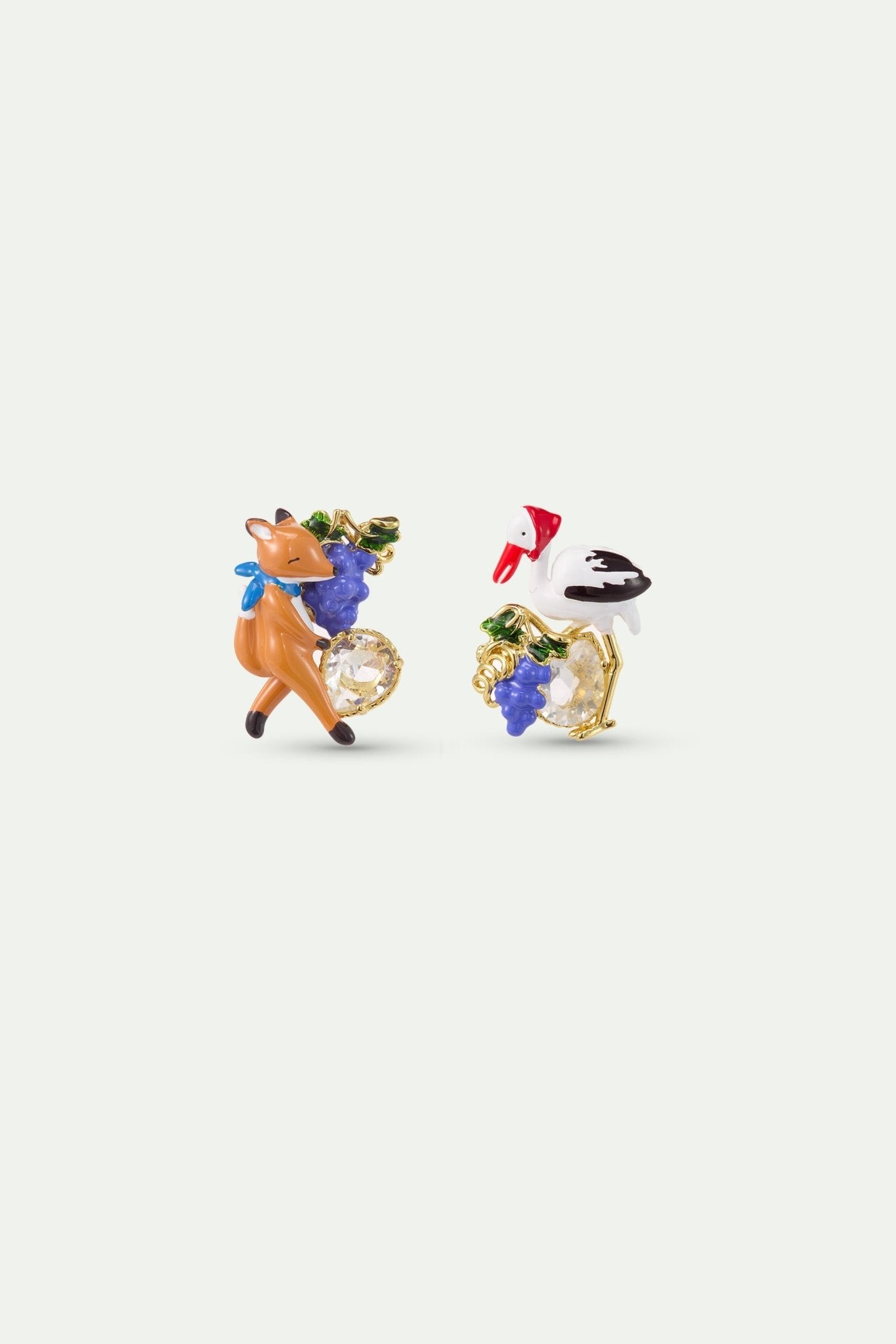Asymmetrical “The Fox And The Stork” Earrings, With Grapes And Faceted Glass | AYFB1031 - Les Nereides