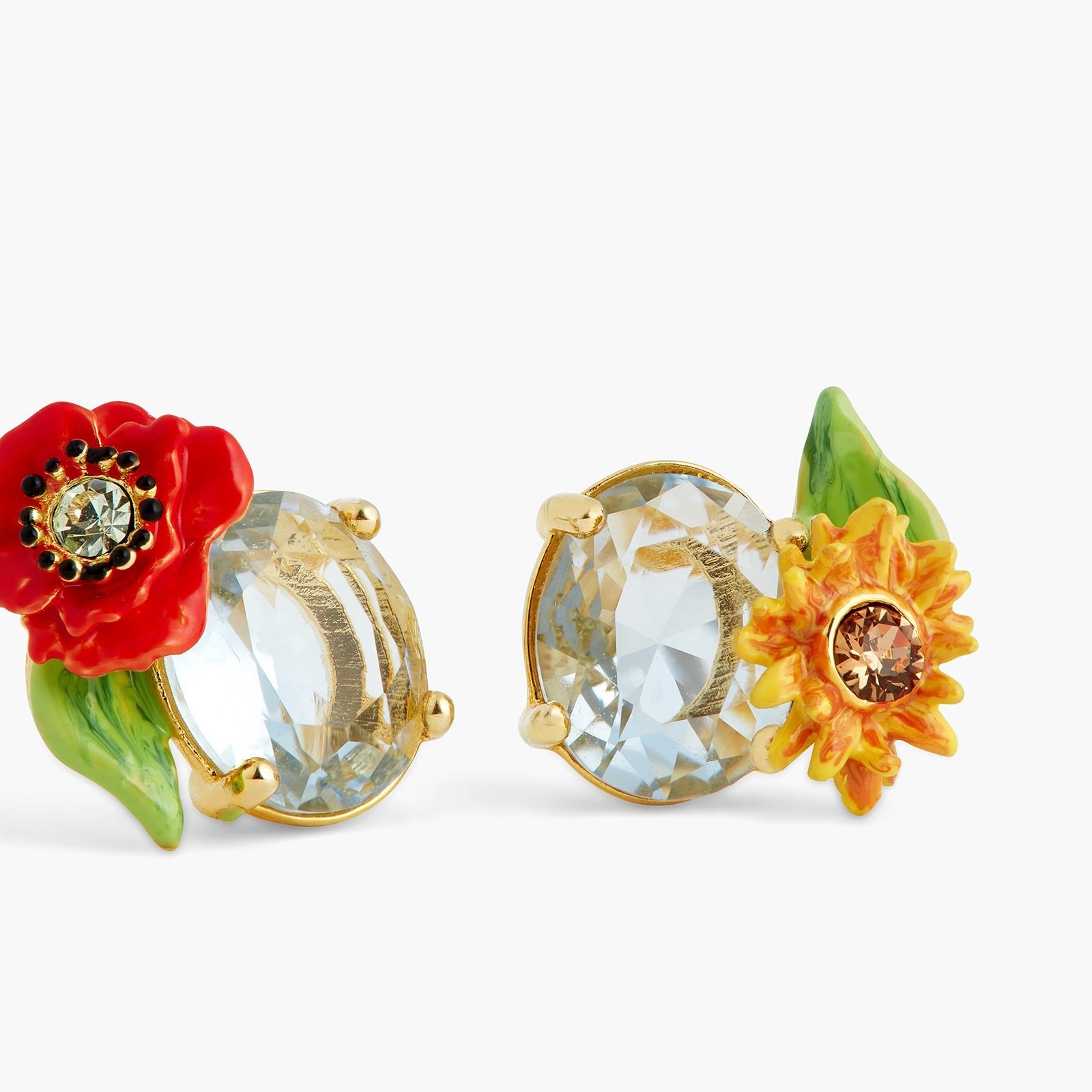 Asymmetrical Wildflower And Round Stone Sleeper Earrings | ATPO1021 - Les Nereides