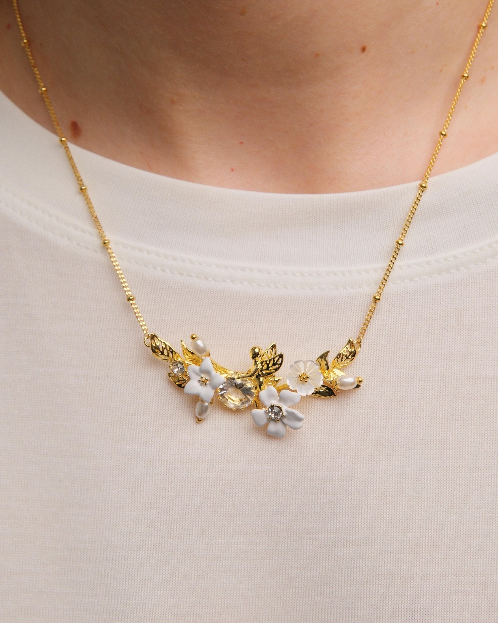AUME306/1 White Jasmine, Faceted Crystal And Crystal Pearl Bead Statement Necklace | AUME3061 - Les Nereides