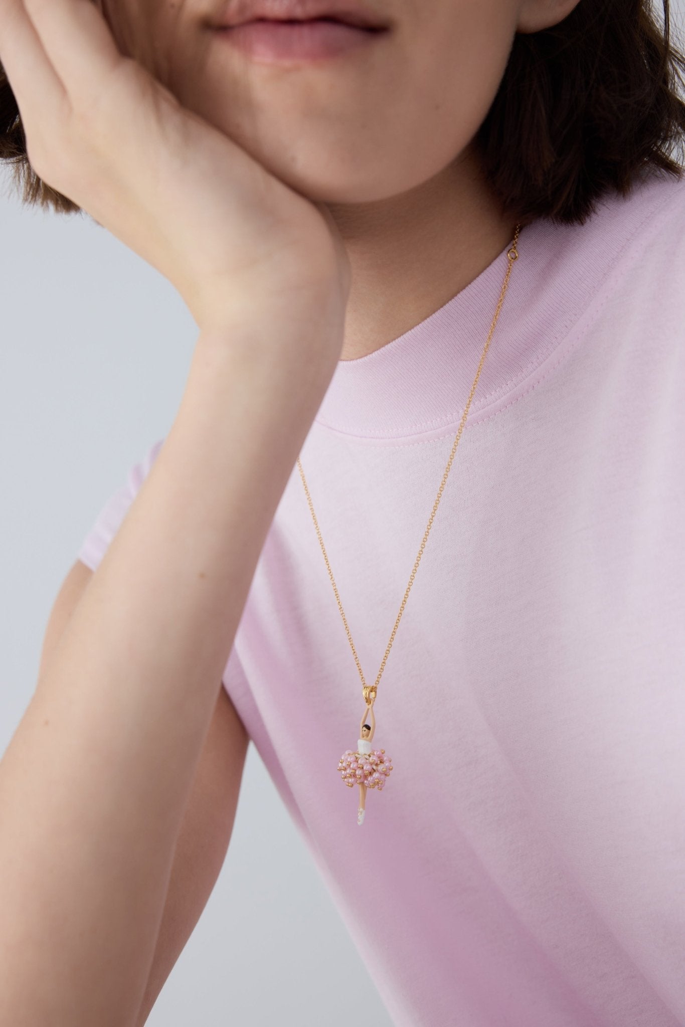 Ballerina Pendant Necklace With Pink Beads And White Crystal | AYDD3591 - Les Nereides