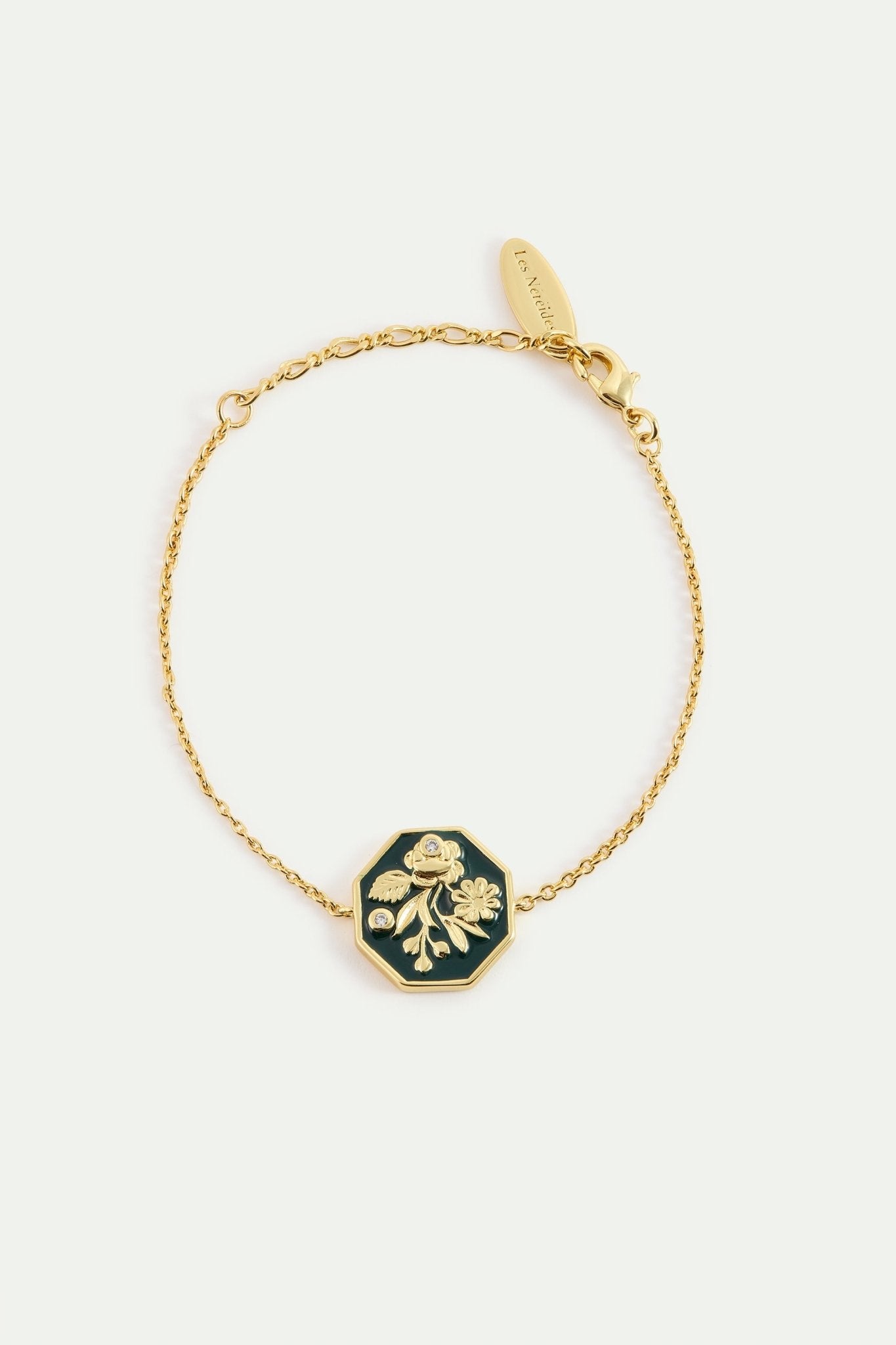 Black And Gold Peony Medallion Bracelet With Cultured Pearls | AYOP2031 - Les Nereides