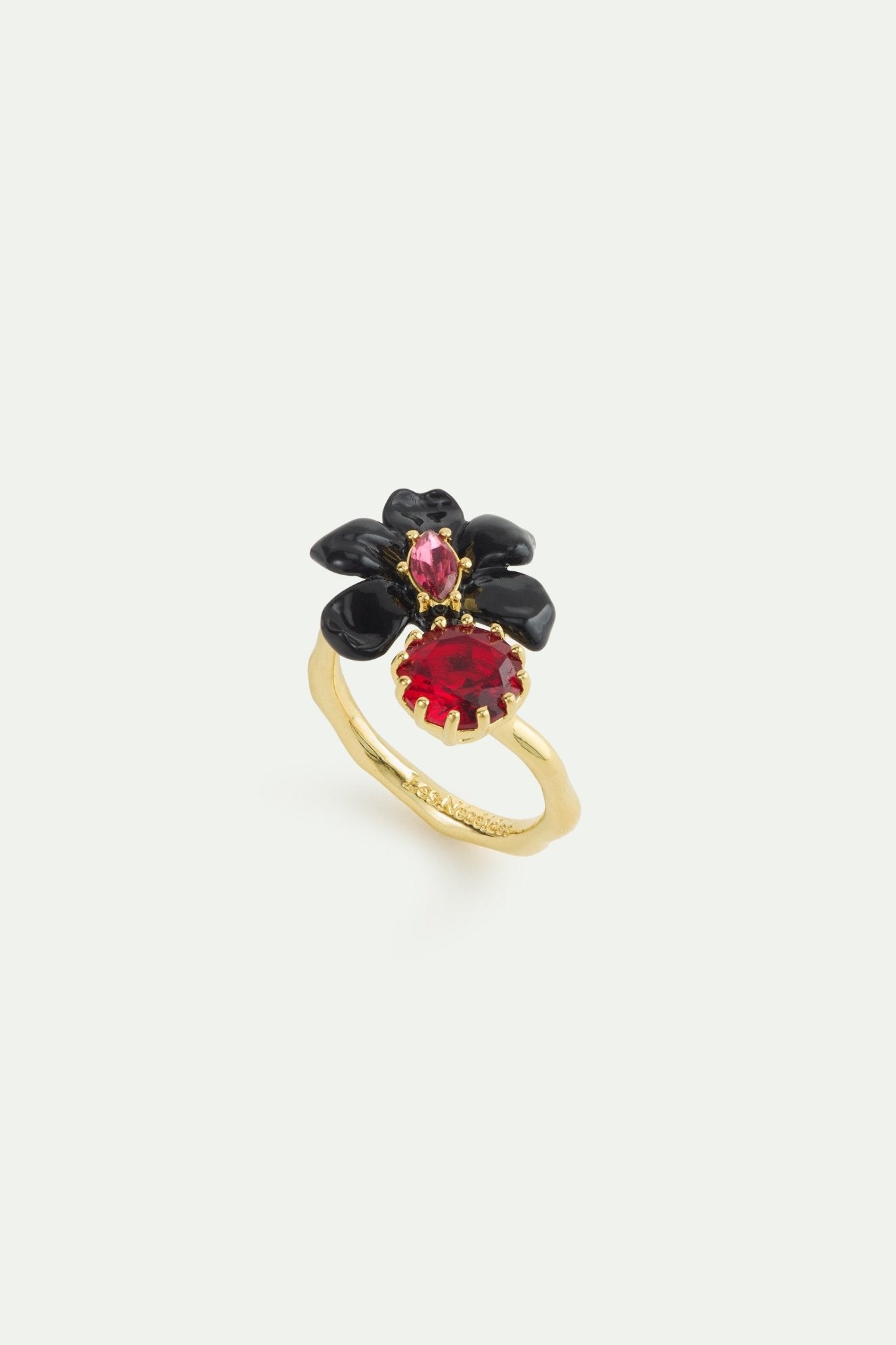 Black Orchid Adjustable Ring With Pink Faceted Crystal And Red Faceted Glass | AWCC6011 - Les Nereides