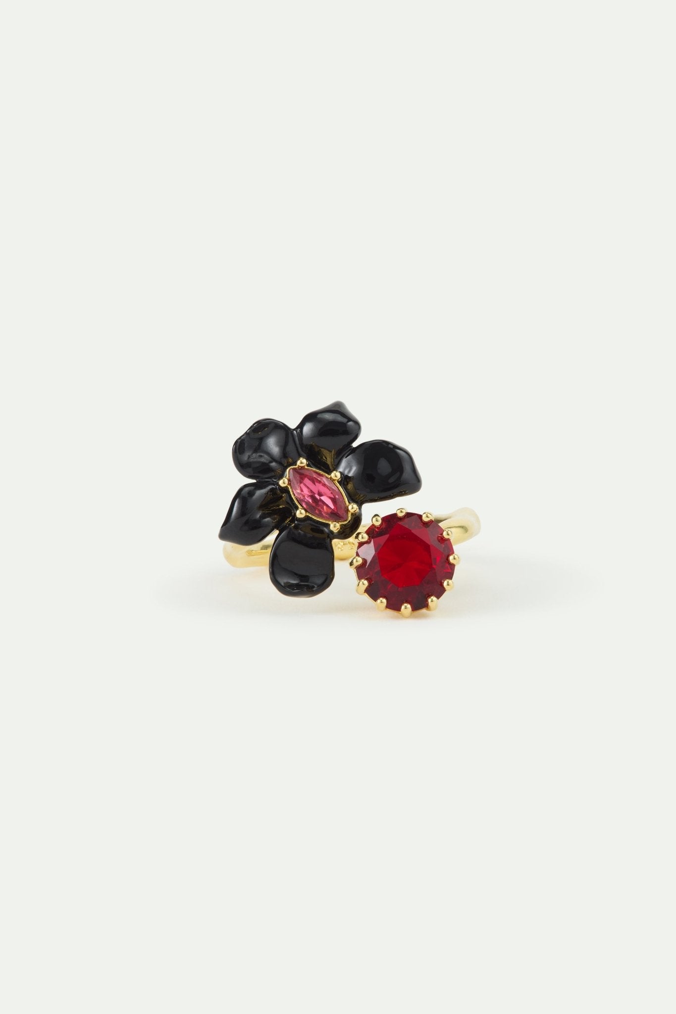 Black Orchid Adjustable Ring With Pink Faceted Crystal And Red Faceted Glass | AWCC6011 - Les Nereides