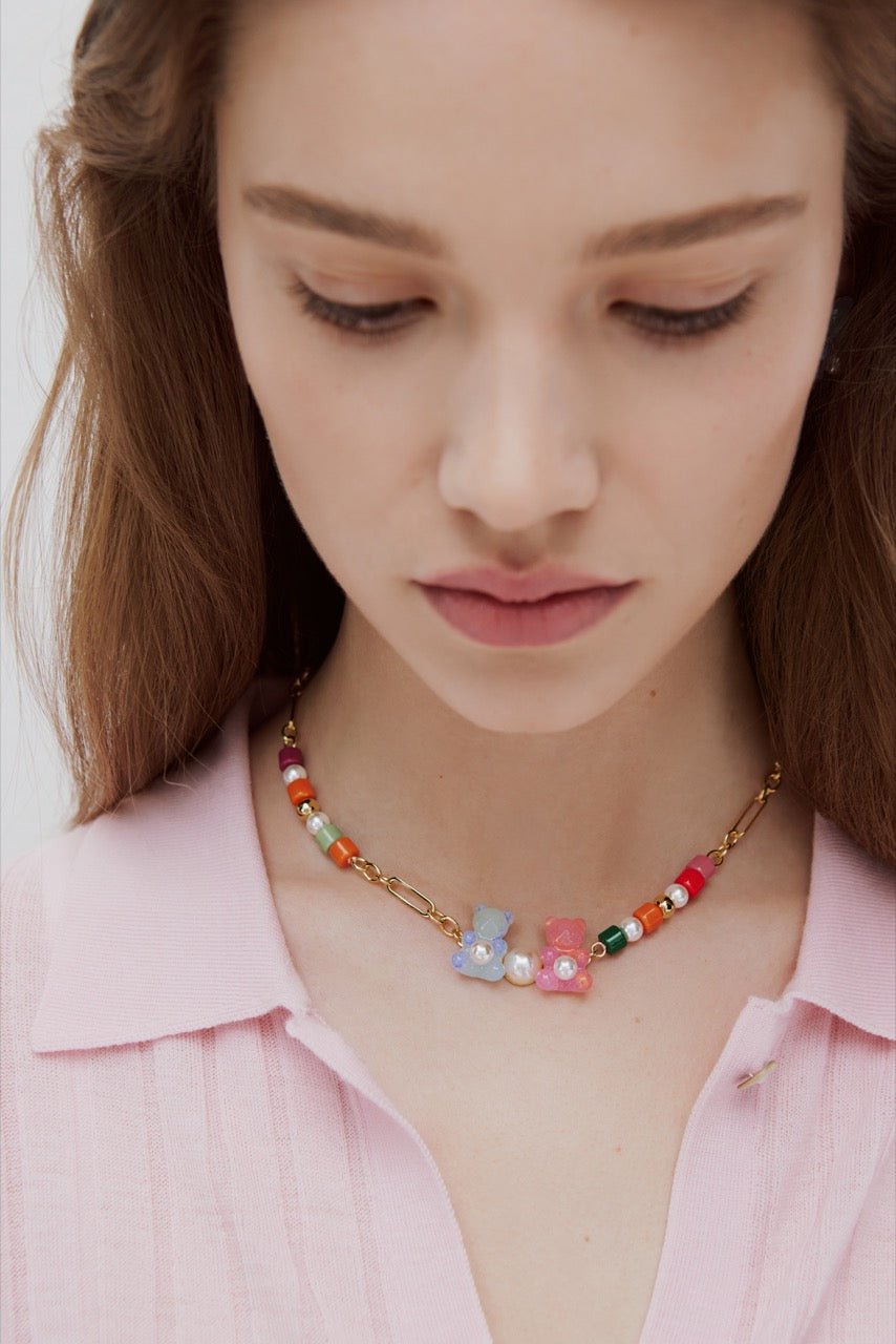 Blue And Pink Teddy Bear Sweet Necklace And Colourful Beads | AWMC3031 - Les Nereides