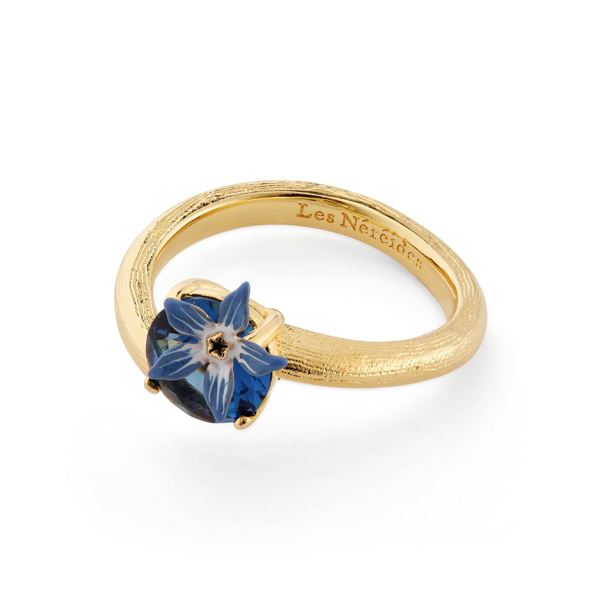 Blue Flower And Round Faceted crystal Adjustable Ring | ASPO6041 - Les Nereides