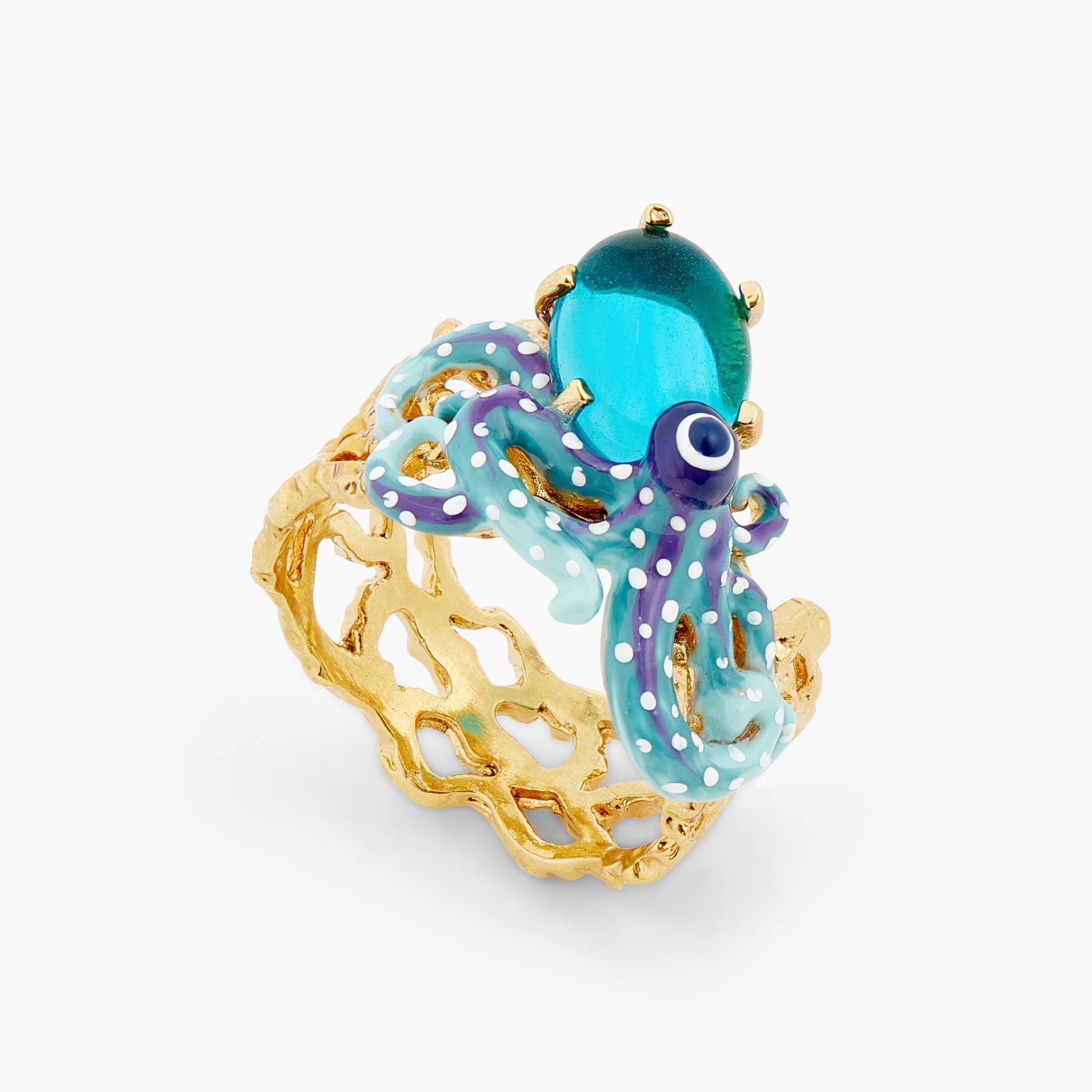 Blue Octopus And Blue Cut Crystal Cocktail Ring | ATPR6031 - Les Nereides