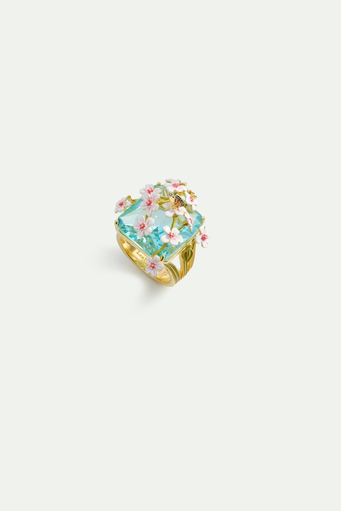Blue Square Faceted Stone Ring With White And Pink Hawthorns And A Butterfly | AYDF6011 - Les Nereides