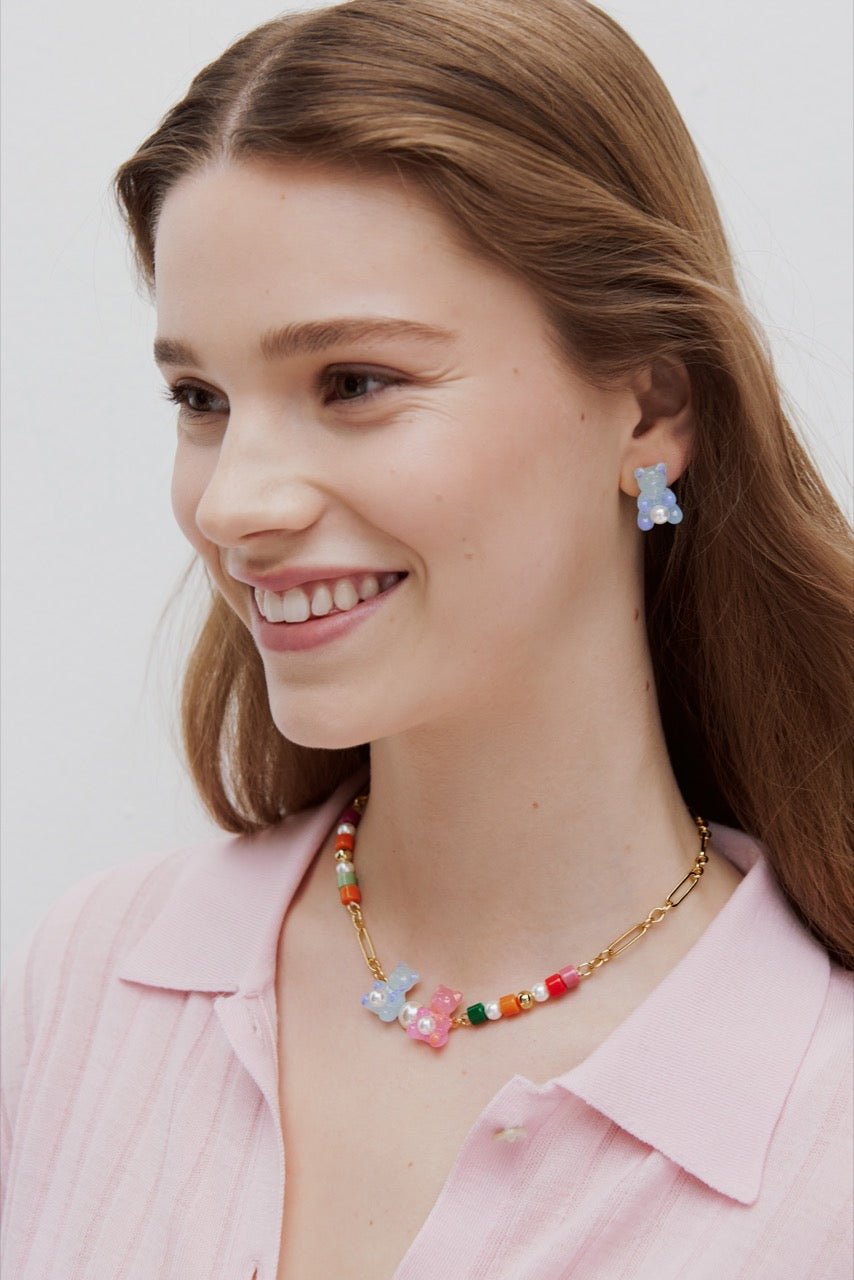 Blue Teddy Bear Sweet, Rose And White Imitation Pearl Earrings | AWMC1061 - Les Nereides