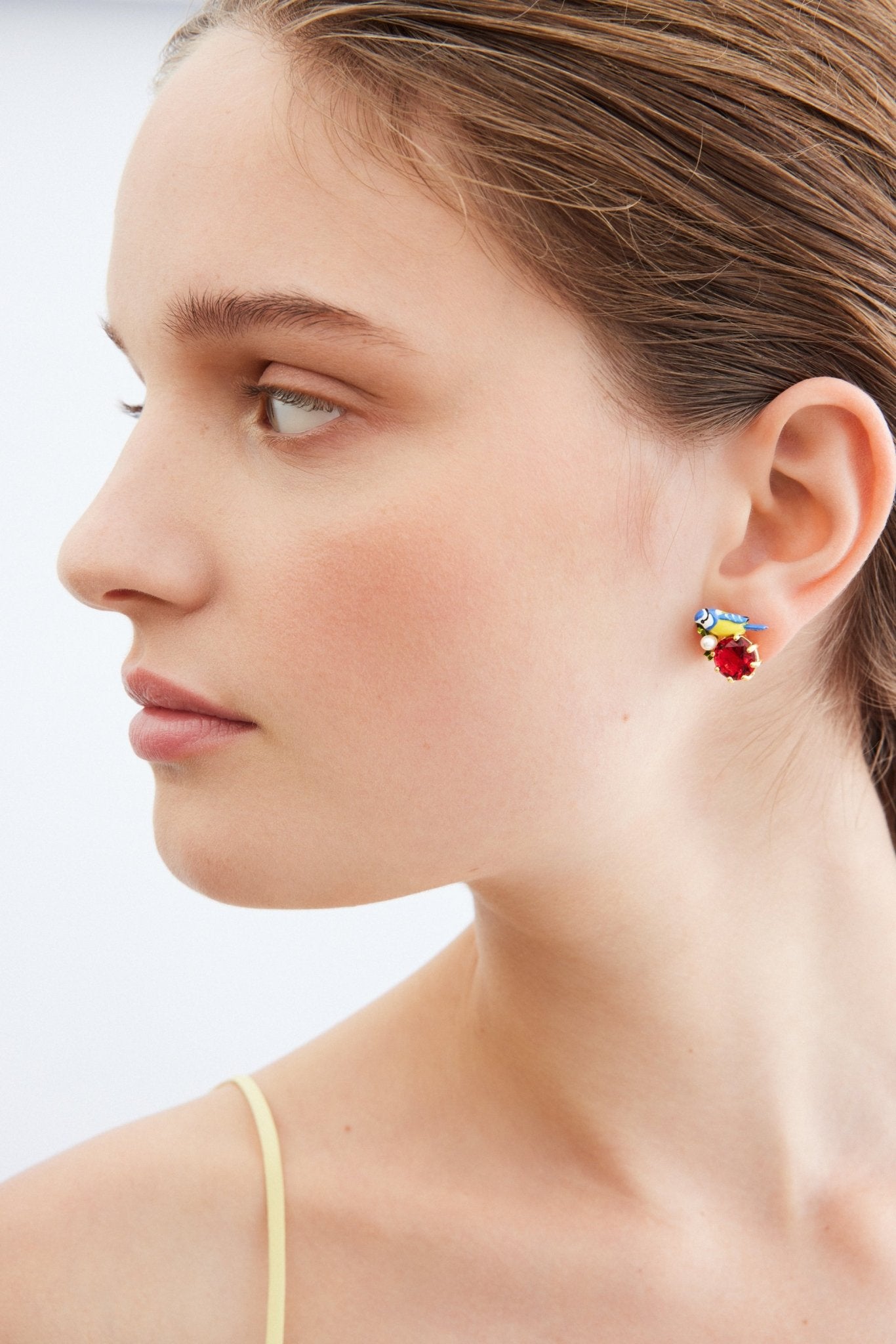 Blue Titmouse And Round Red Stone Sleeper Earrings | AXAM1101 - Les Nereides