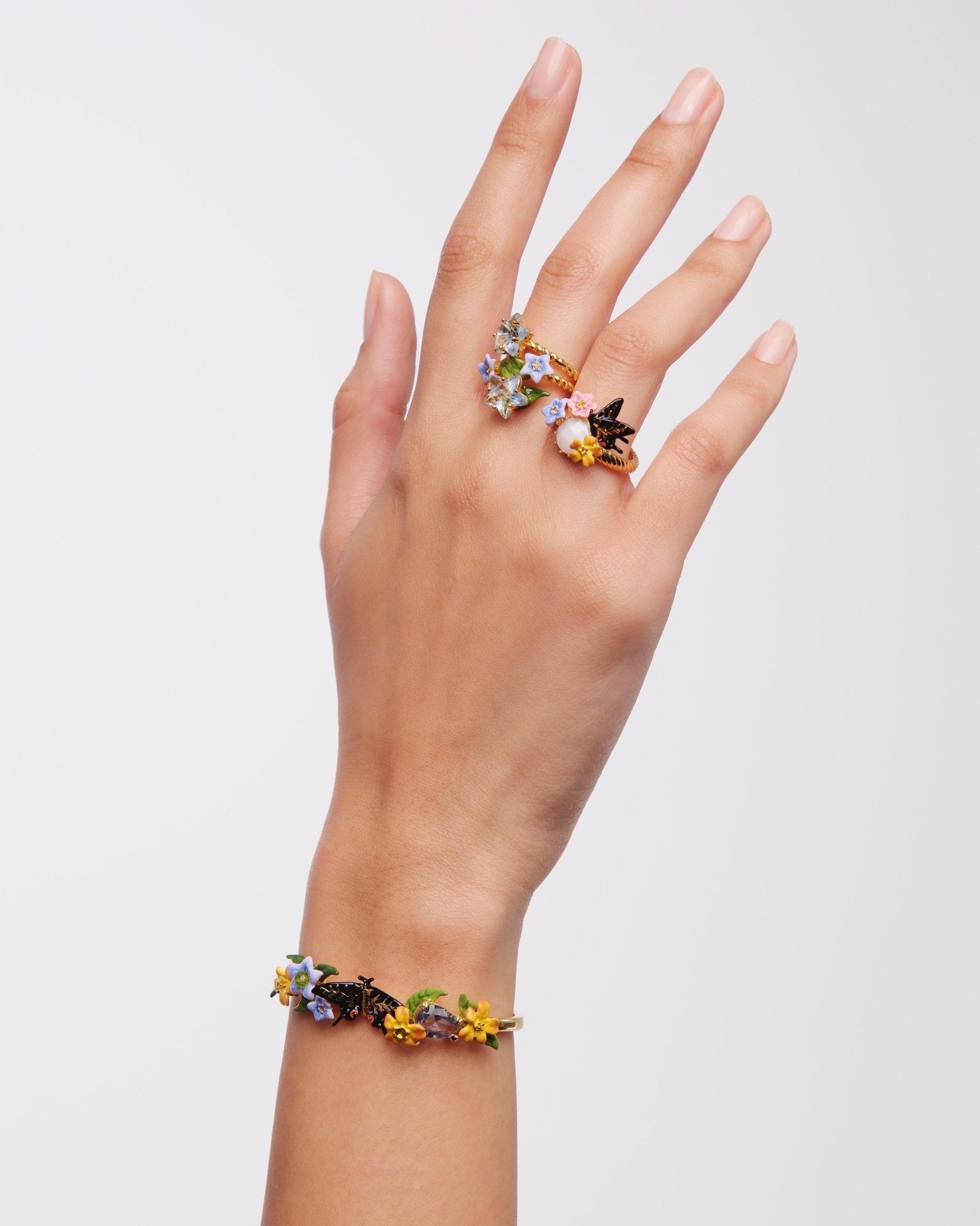 Butterfly, Jasmine Flowers And Faceted Crystal Cuff Bracelet | AUTR2011 - Les Nereides
