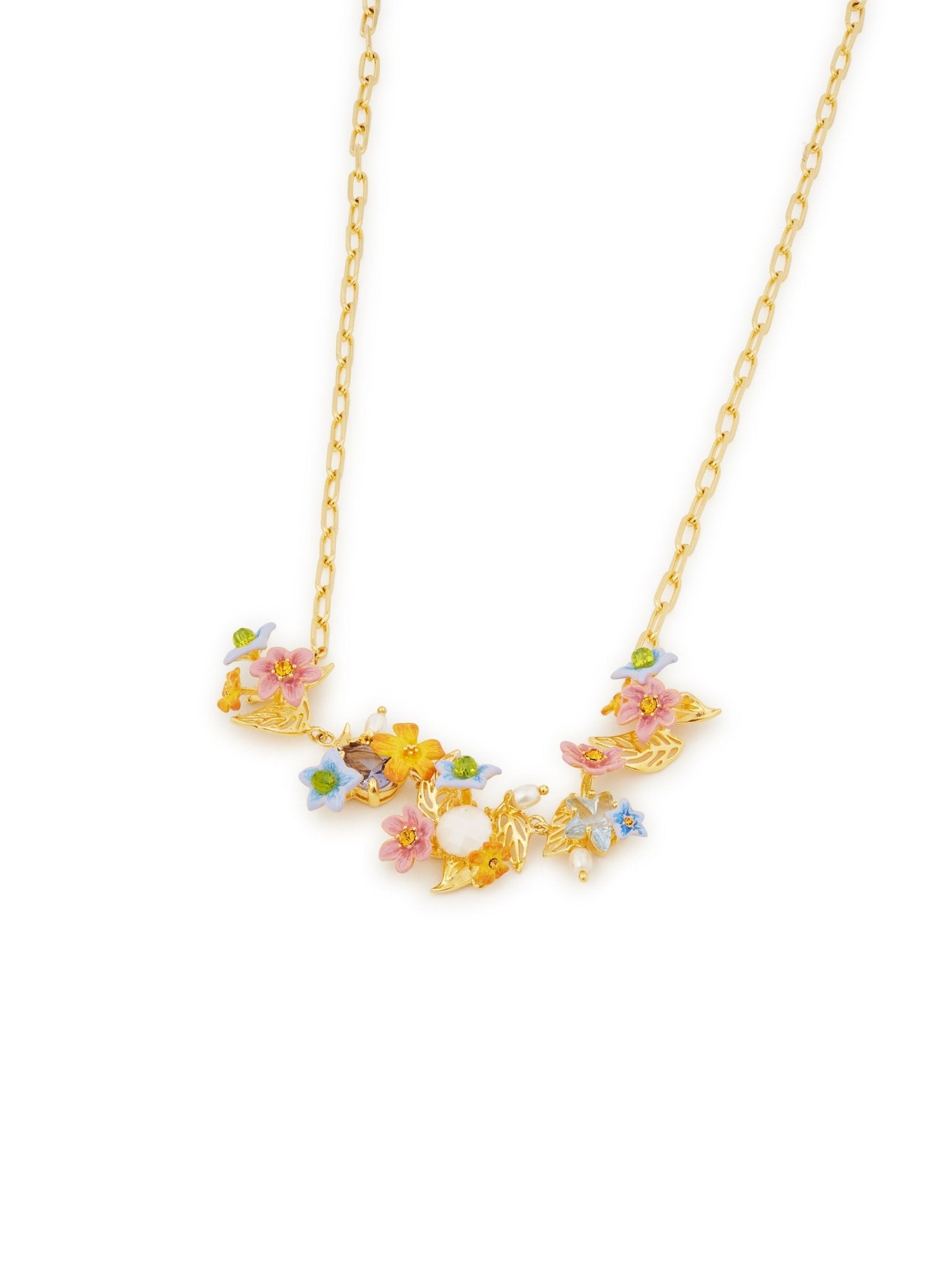 Colourful Jasmine Flower, Faceted Stone And Crystal Pearl Bead Statement Necklace | AUTR3041 - Les Nereides