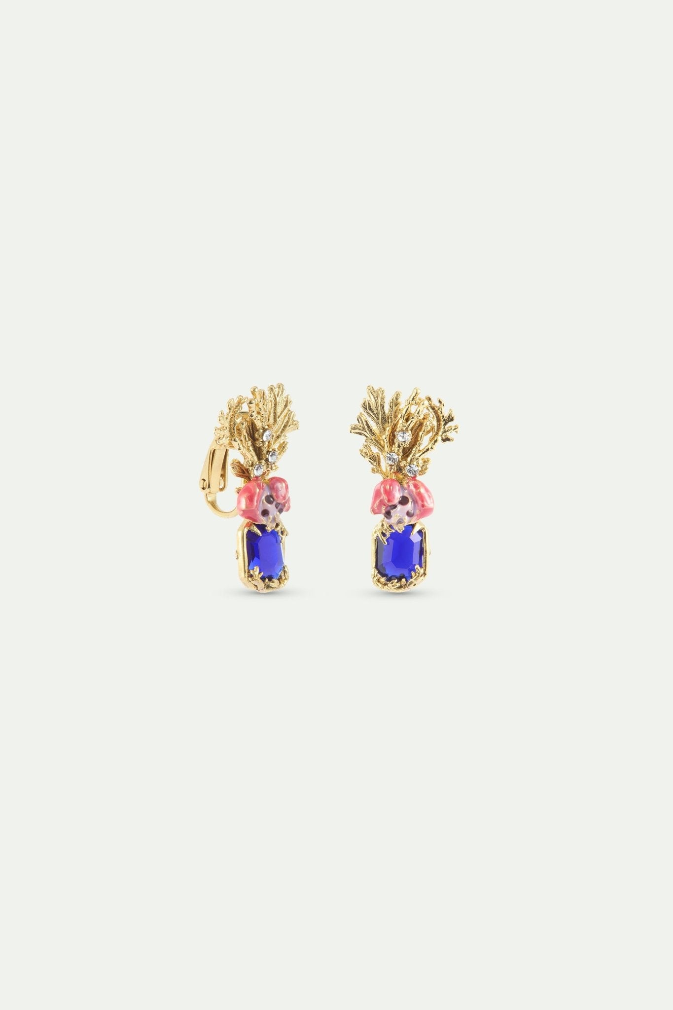 Coral Earrings With Blue Faceted Stone, Pink Flower And Golden Coral | AXMO1041 - Les Nereides