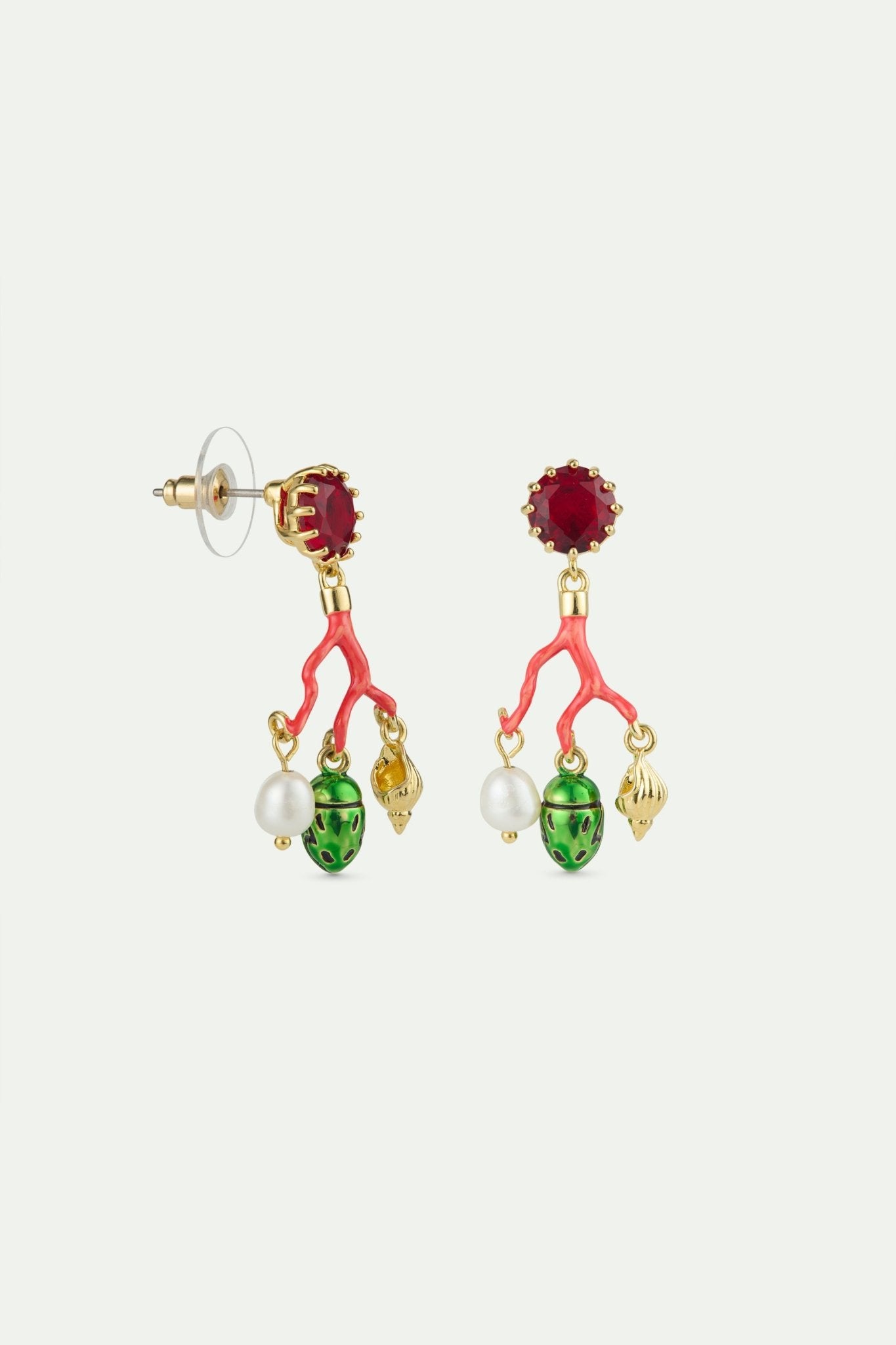 Coral Sleeper Earrings, Red Faceted Glass, Cultured Pearl, Golden Beetle And Seashell | AWCC1061 - Les Nereides
