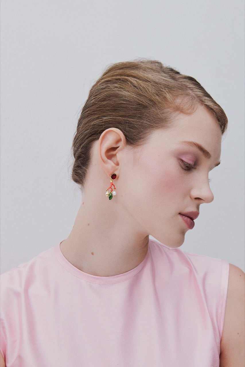 Coral Sleeper Earrings, Red Faceted Glass, Cultured Pearl, Golden Beetle And Seashell | AWCC1061 - Les Nereides