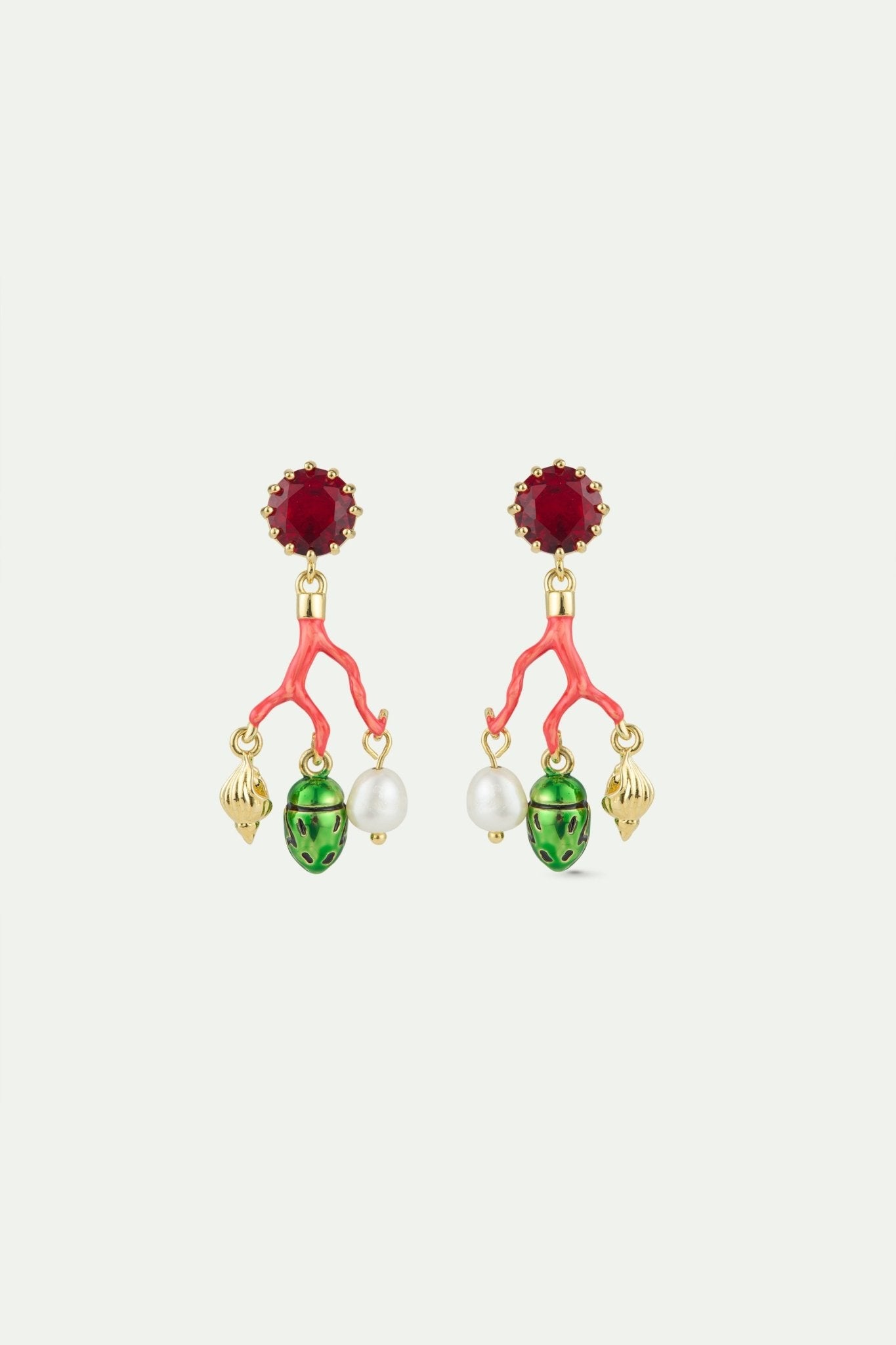 Coral Sleeper Earrings, Red Faceted Glass, Cultured Pearl, Golden Beetle And Seashell | AWCC1061 - Les Nereides