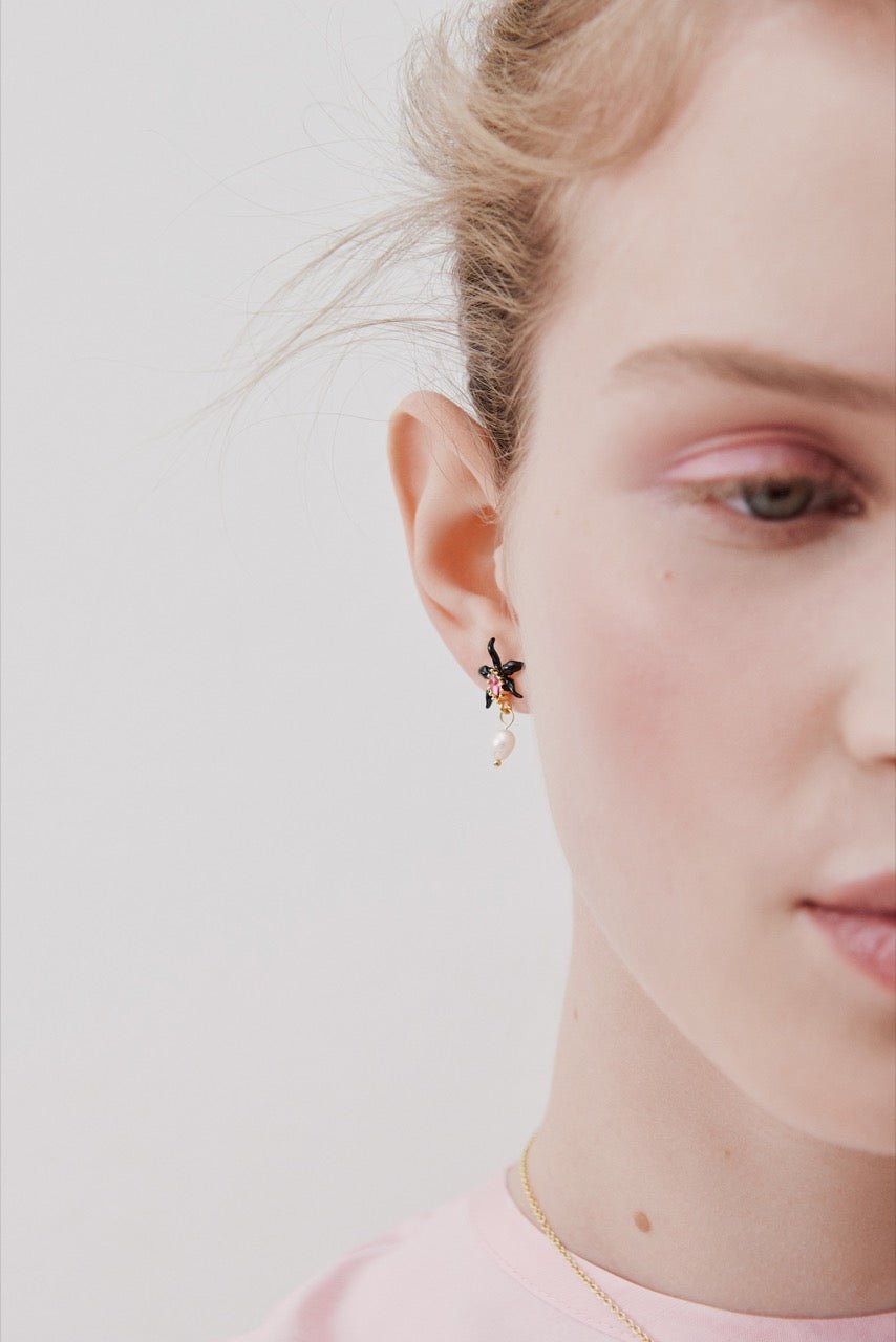 Dangle Earrings With Black Orchid, Faceted Pink Crystal And Cultured Pearl | AWCC1011 - Les Nereides