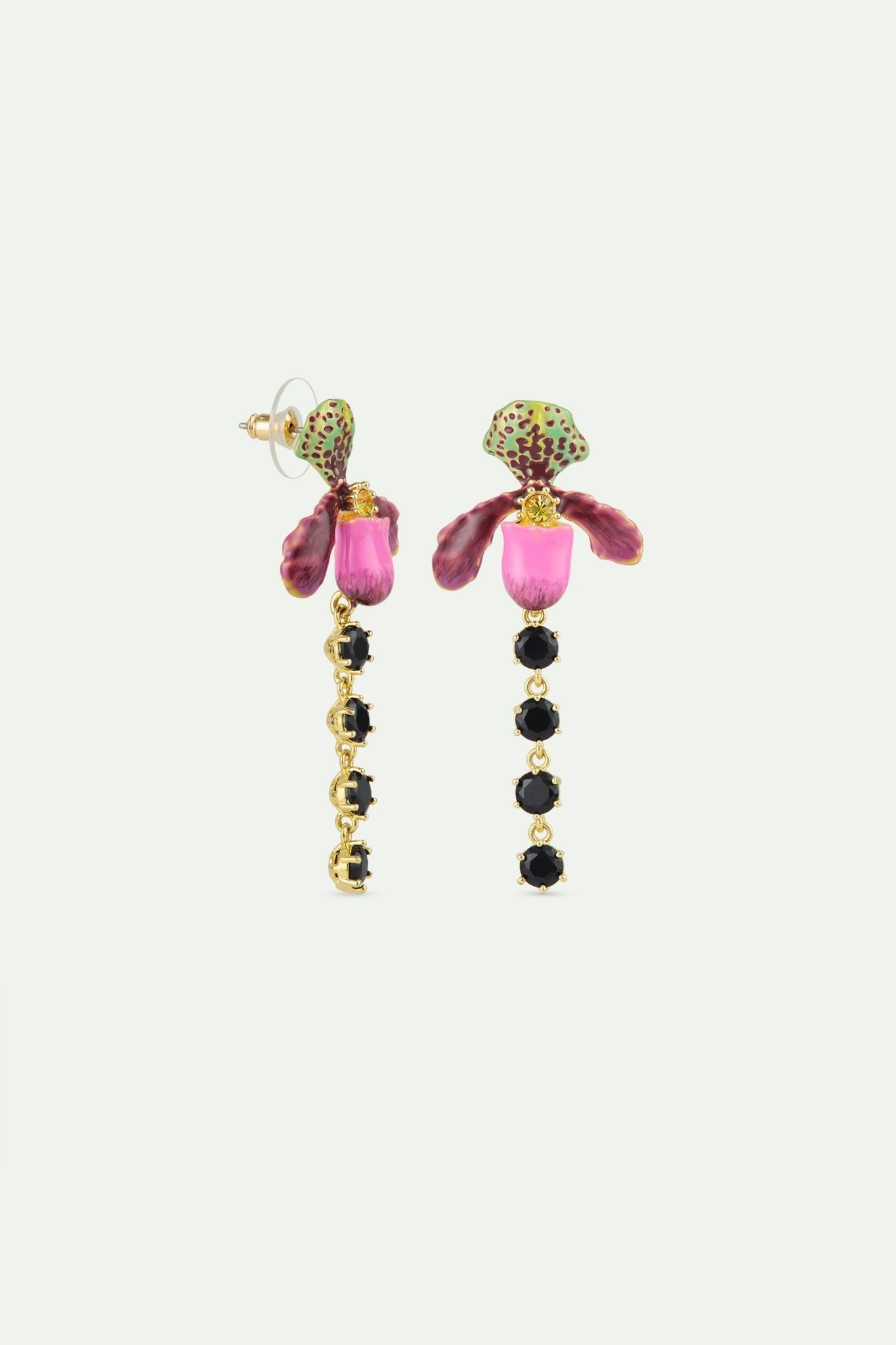 Dangle Earrings With Purple Lady'S Slipper Orchid And Black Faceted Glass | AWCC1051 - Les Nereides