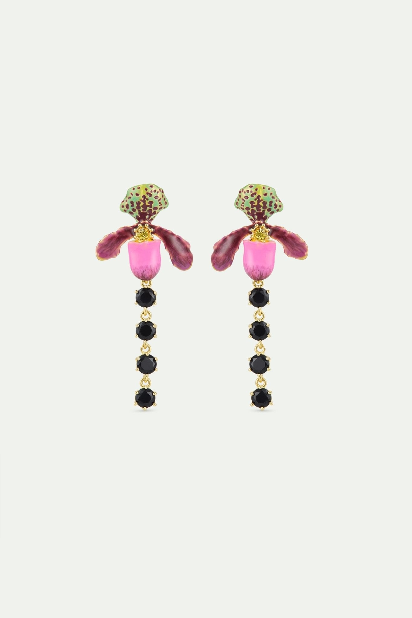 Dangle Earrings With Purple Lady'S Slipper Orchid And Black Faceted Glass | AWCC1051 - Les Nereides