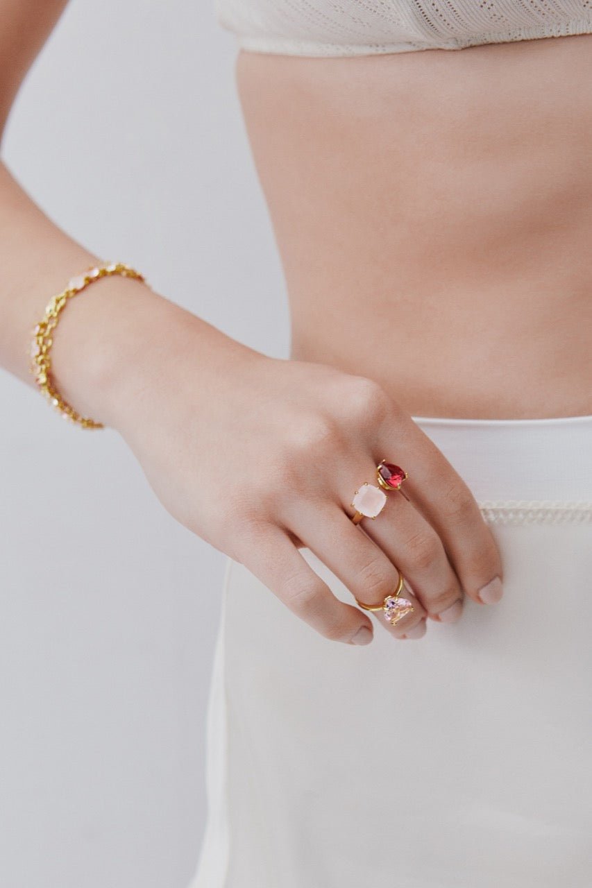Dark Pink And Light Pink Diamantine You And Me Ring With Heart - Shaped And Square Stones. | AWLD6181 - Les Nereides
